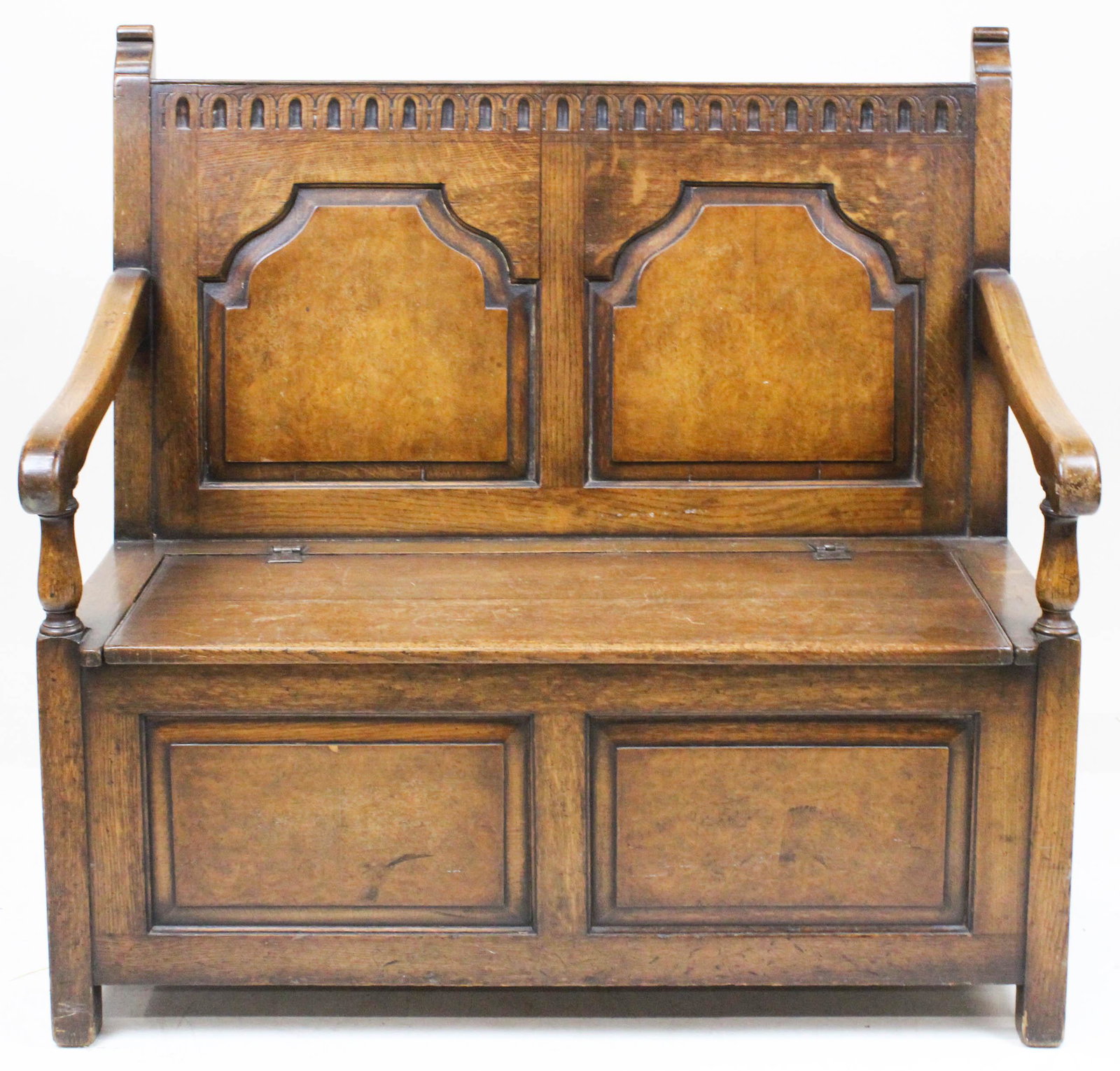 Early 20th c Oak & Burl Lift Top Hall Bench: Early 20th c oak & burl lift top hall bench, raised panels, length 42"