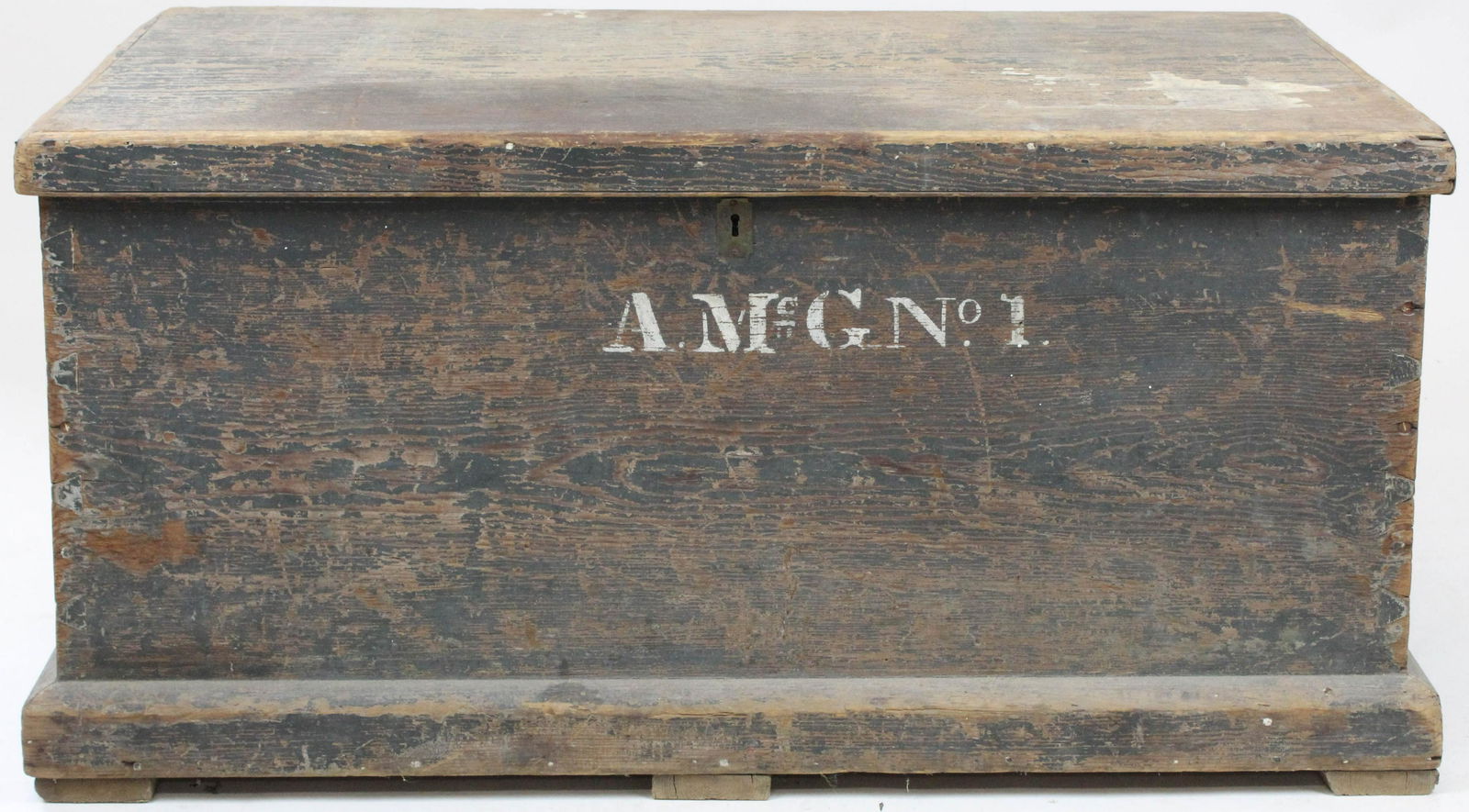 19th c Tool Box in Old Blue Paint: 19th c pine tool chest in old blue paint, dovetailed construction, marked A McG No. 1, 22" x 23" x 45"