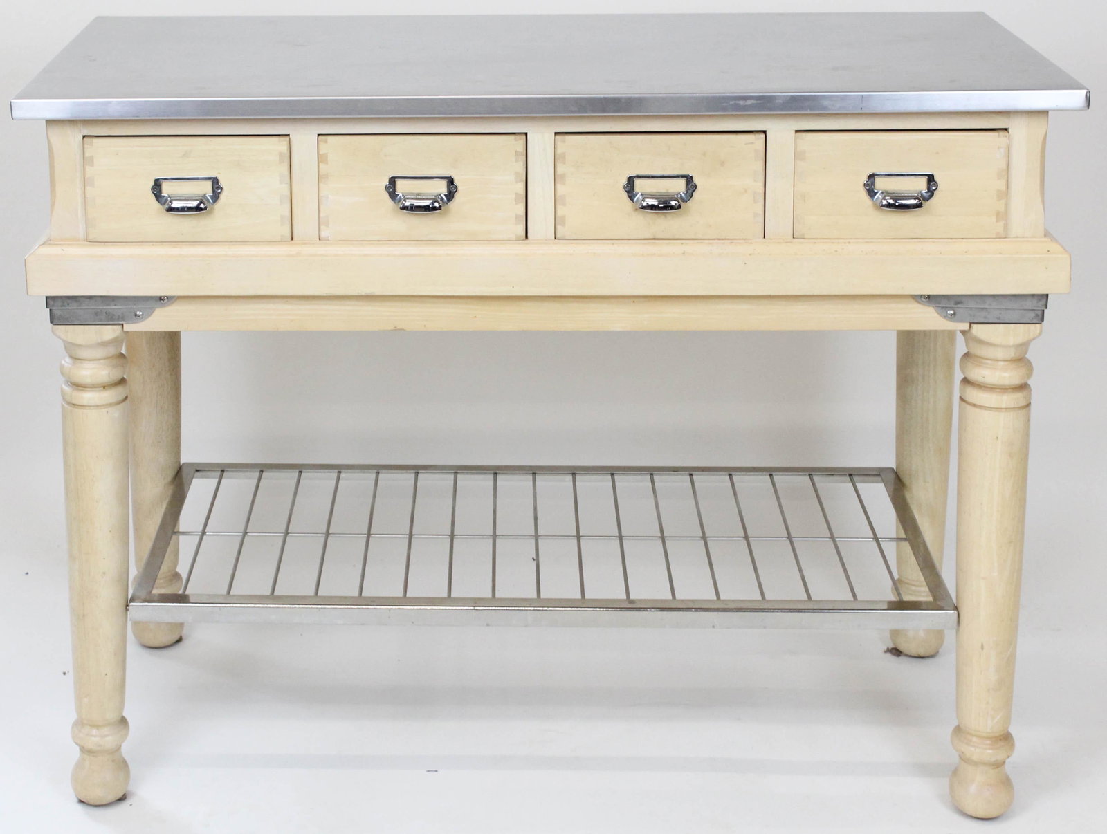 Contemporary Steel Top Kitchen Work Table: Contemporary steel top four drawer maple kitchen work table with pot rack 20x 49 x 36"