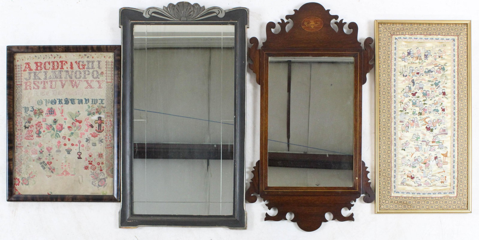 Chippendale, Art Deco Mirror, Needlework: Fine Chippendale style inlaid mahogany mirror, Chinese needlework, late 19th c sampler, art deco era wall mirror, all about 17" x 32"