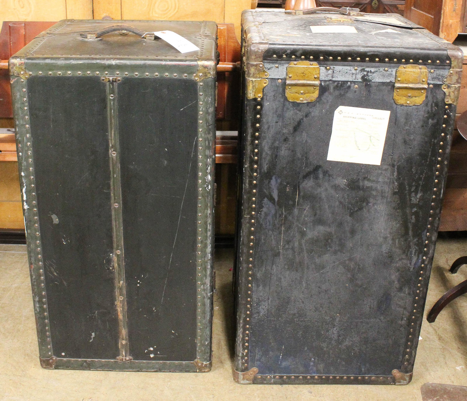 2 ca 1920 Steamer Trunks: 2 ca 1920 steamer trunks with drawers and wardrobe sections, both about 22" x 24", hts 40", 42 1/2"