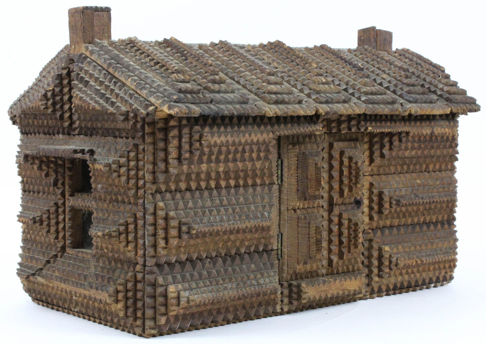 Ca. 1900 Tramp Art Pyramid Decorated Cabin: Ca. 1900 Tramp Art pyramid decorated cabin, door opens, glass windows, cigar box mahogany, wallpapered interior, great patina, few minor losses, 14 1/2" x 9 1/4" x 9"