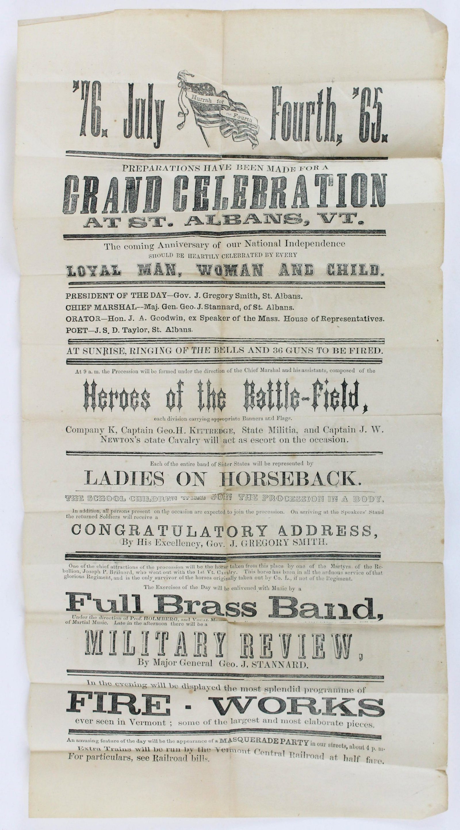 1865 St Albans, VT 4th of July Celebration: Civil War era 1865 St Albans, VT 4th of July Celebration broadside- Gov J Gregory Smith, Maj General George Stannard, Co K State Militia & Capt Newton's State Cavalry, ladies on horseback, military re
