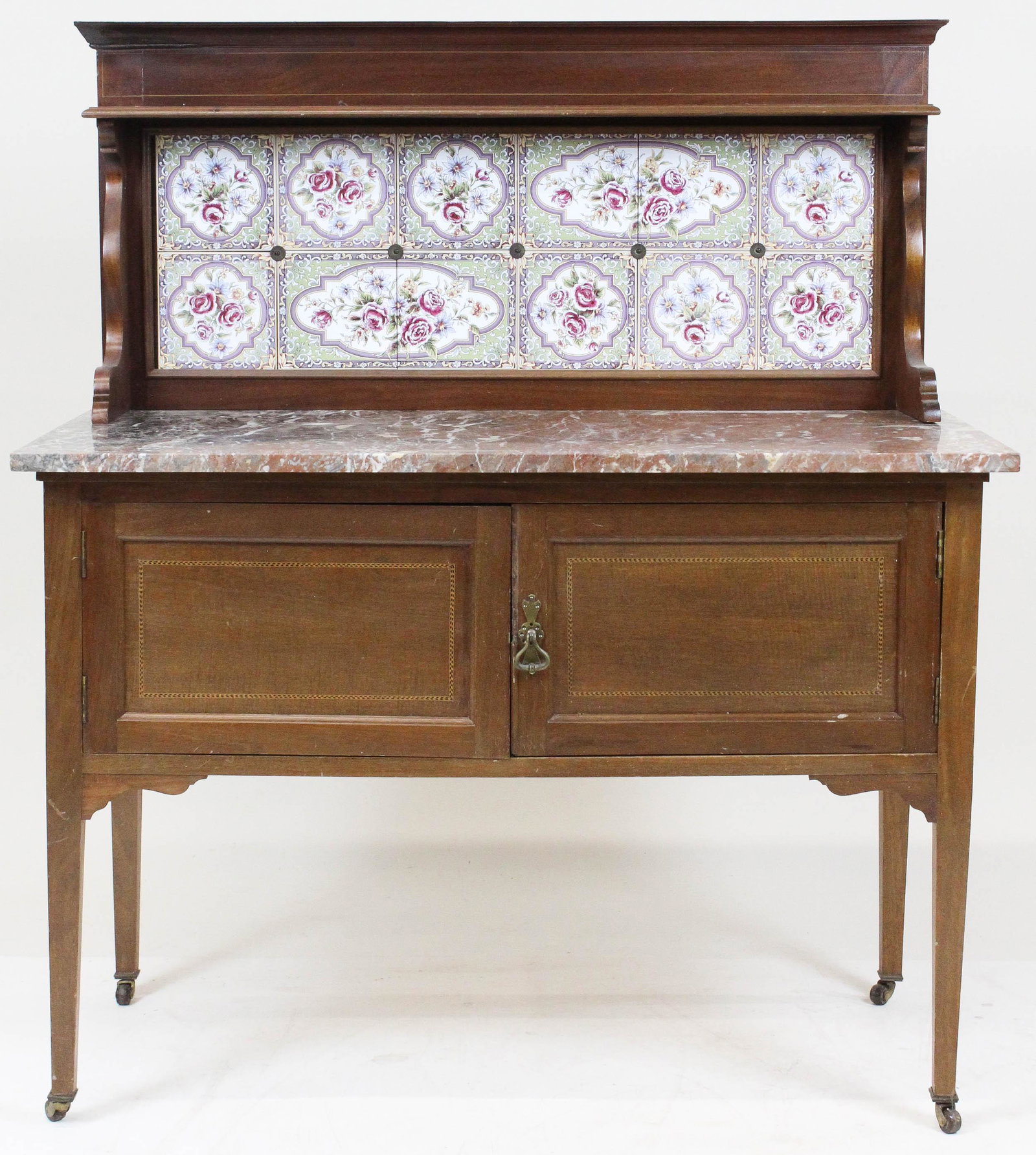 Victorian Marble & Tile Server: Victorian two door server with inlaid double door fronts, Italian marble top, 12 floral polychrome tile splash in mahogany frame. 42" x 21" x 49"