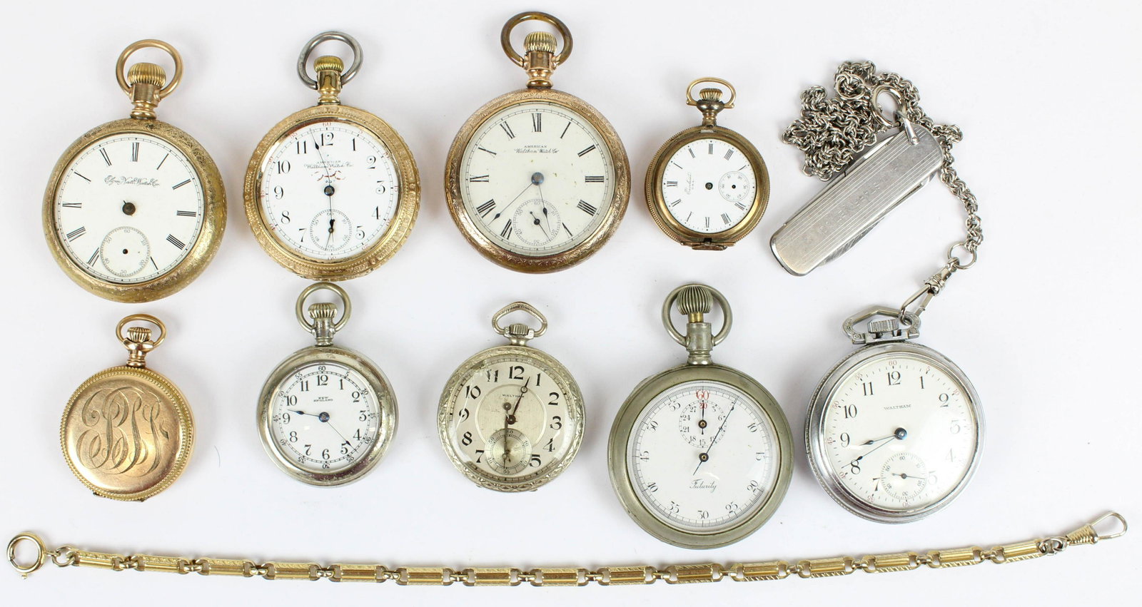 9 Late 19th and Early 20th C. Pocket watches: Group of 9 Late 19th and Early 20th C. Pocket watches including "Futurity" stopwatch, pendant watches, gold filled, Waltham, New England, etc. -as found and untested
