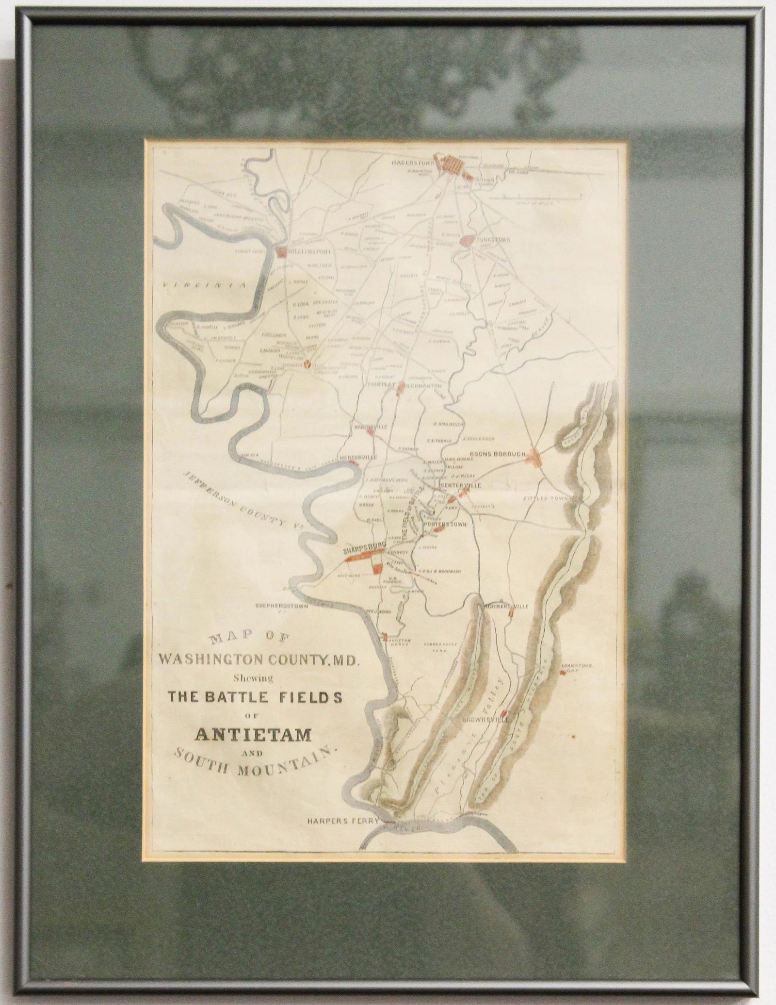 1862 Harper's Weekly Antietam Battlefields Map: Oct. 11, 1862 Harper's Weekly "Map of Washington Co., MD showing the Battlefields of Antietam and South Mountain Hand colored, matted & framed, sight 13 7/8" x 9 3/8", overall size 19 1/2" x 14 1/2"