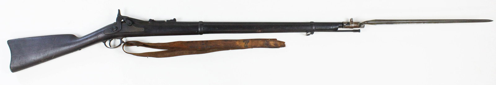 US Model 1866 Springfield Rifled Musket: US Model 1866 Springfield rifled musket with Allin Conversion lock marked US Springfield 1864 - Rifle has two bands a period appropriate bayonet and remains of original sling, 33" barrel 48" overall -