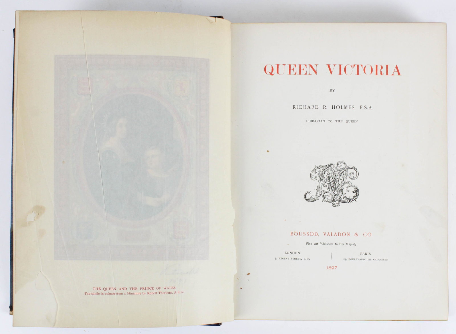 1897 Holmes' Queen Victoria by Boussod: 1897 Holmes' "Queen Victoria" published by Boussod, Valadon, & Co., London & Paris, quarto, 3/4 calf & blue cloth, fronis plate torn (not into image), tissue torn, few stains