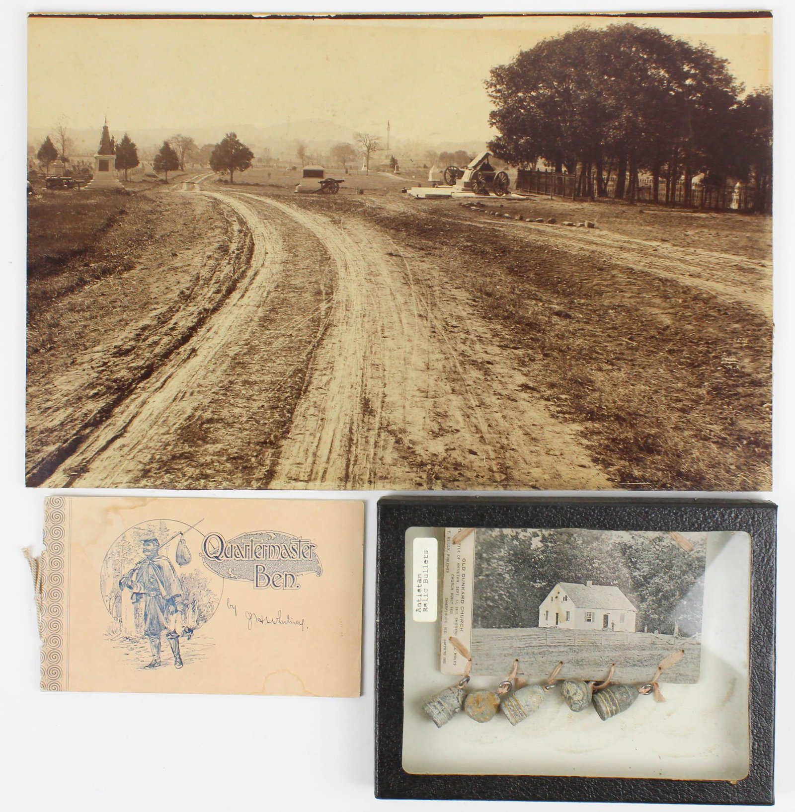 Gettysburg Photo, Antietam Relics, QM Ben: Late 19th c Gettysburg photo (edges cropped), Antietam relics/ postcard, J H Whitney "Quartermaster Ben" pamphlet book (3 pcs), 4 1/4" x 7" to 10" x 16"