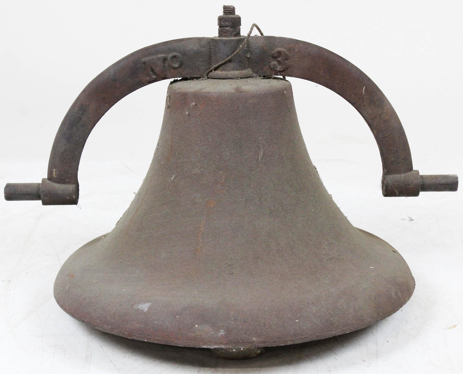 Late 19th c Cast Iron Farm Bell: Late 19th c Number 3 cast iron farm bell, no harp, diameter 17 1/2", width 22"