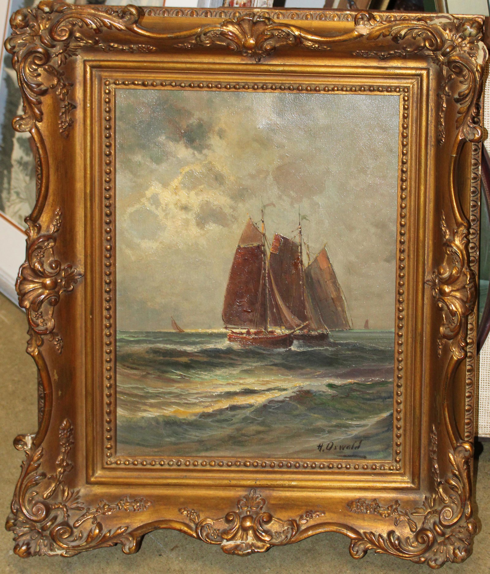 John Hervey Oswald Oil on Canvas On High Seas: John Henry (Hervey) Oswald (British 1830 - 1899) On High Seas oil on canvas 16 x 12". Fine period gilt gesso frame. A landscape painter, he was born in Limerick, Ireland to Scottish parents and lived