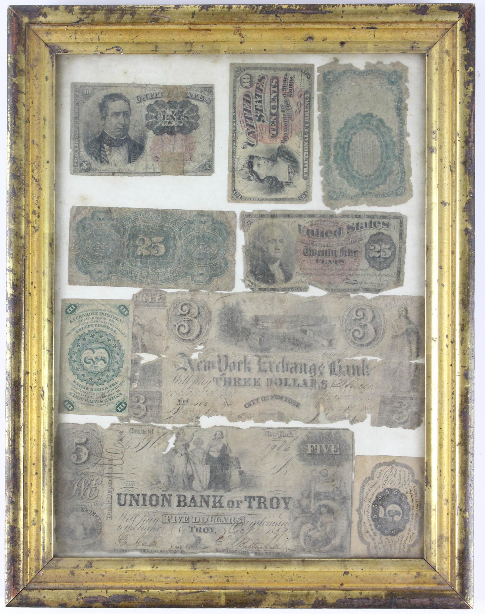 US Fractional Currency, Obsolete Bank Notes: US Fractional Currency & Obsolete Bank Notes (9 pcs), in early lemon gilt frame, 13 1/2" x 10 1/2"