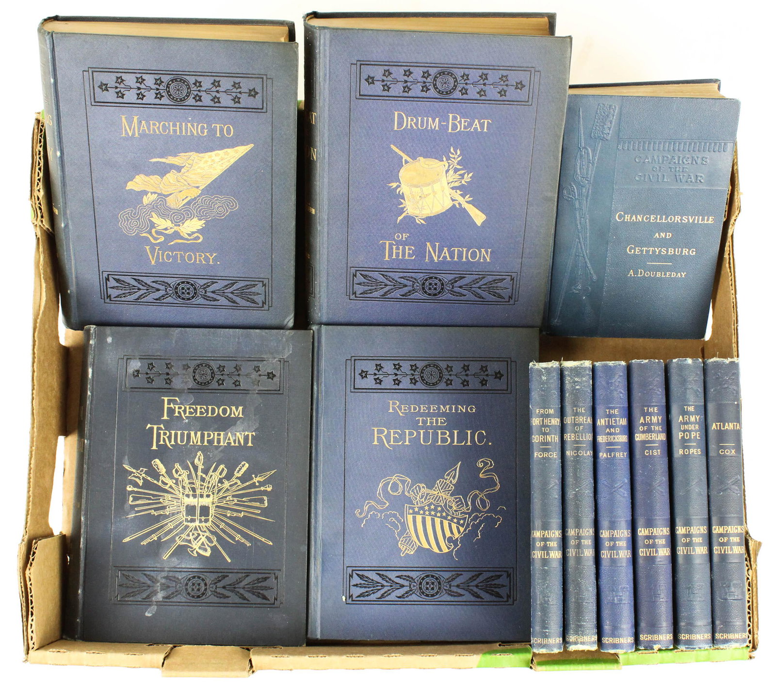 Campaigns of the Civil War, War of the Rebellion: 1888 Charles C. Coffin "The War of the Rebellion" (4 vols), Harper & Bros, NY, octavo, gilt embossed cloth, sold with 7 volumes from 1881, 1882 "Campaigns of the Civil War"- "Outbreak of the Rebellion