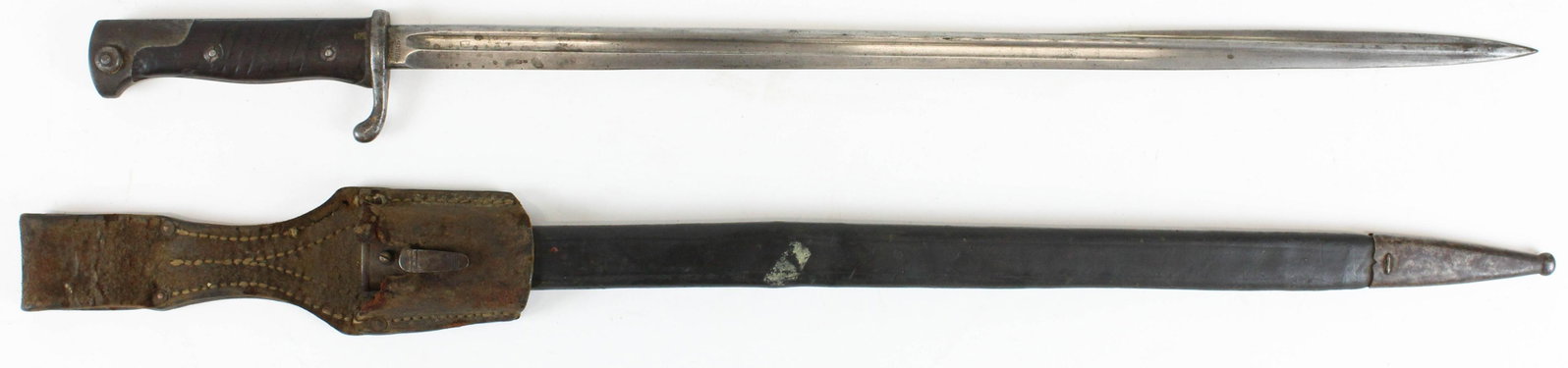 German GEW 98 Bayonet in Scabbard: German GEW 98 Mauser bayonet in scabbard. VC Schilling Suhl markings, with frog. 20.5" blade 26" overall