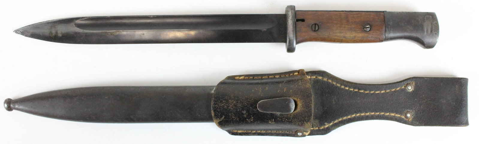 German WWII K98 Bayonet: German WWII K98 bayonet with steel scabbard , leather frog/ hanger waffenamt cartouches 10" blade 15" overall