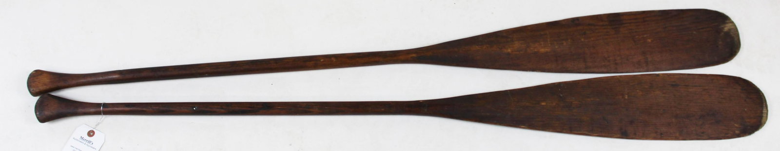 Pair of Early 20th c Williamstown VT Paddles: Pair of Early 20th c Williamstown Vermont Canoe Paddles with Jason and Joel Wark owners marks on the blades 60" pine with make-do repairs