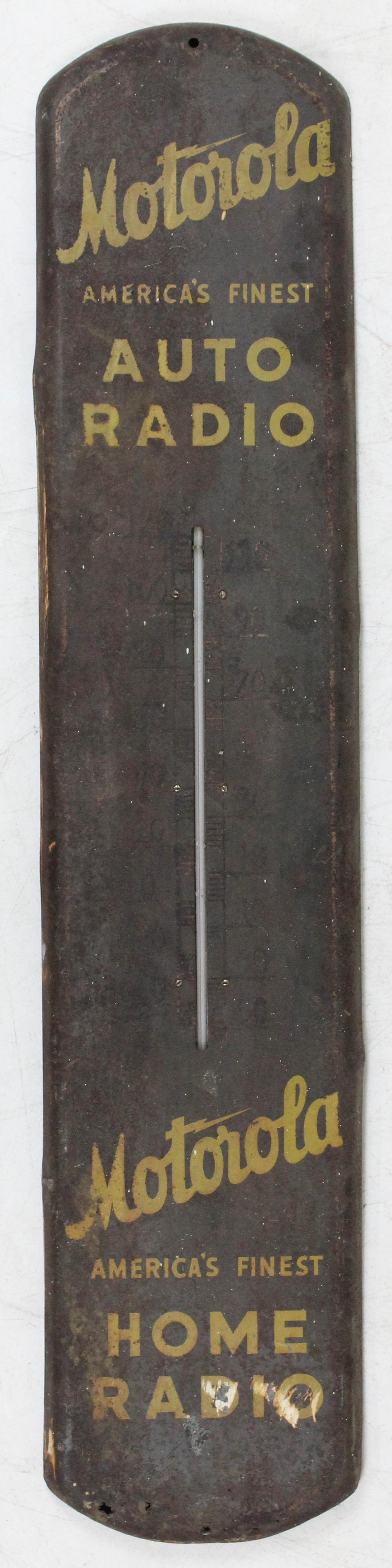 Motorola Auto Radio Advertising Thermometer: Motorola Auto Radio, Home Radio advertising thermometer, oxidized surface, ht 38 1/2"