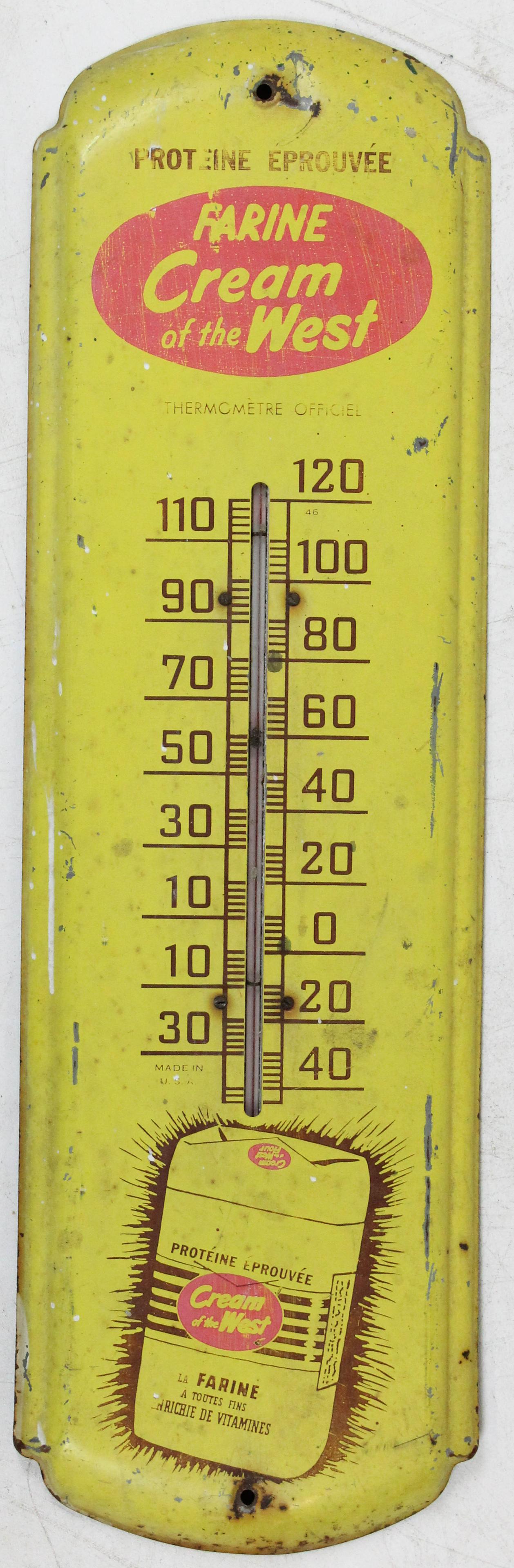 Cream of the West Advertising Thermometer: Cream of the West advertising thermometer, Canadian version in French, ht 27"