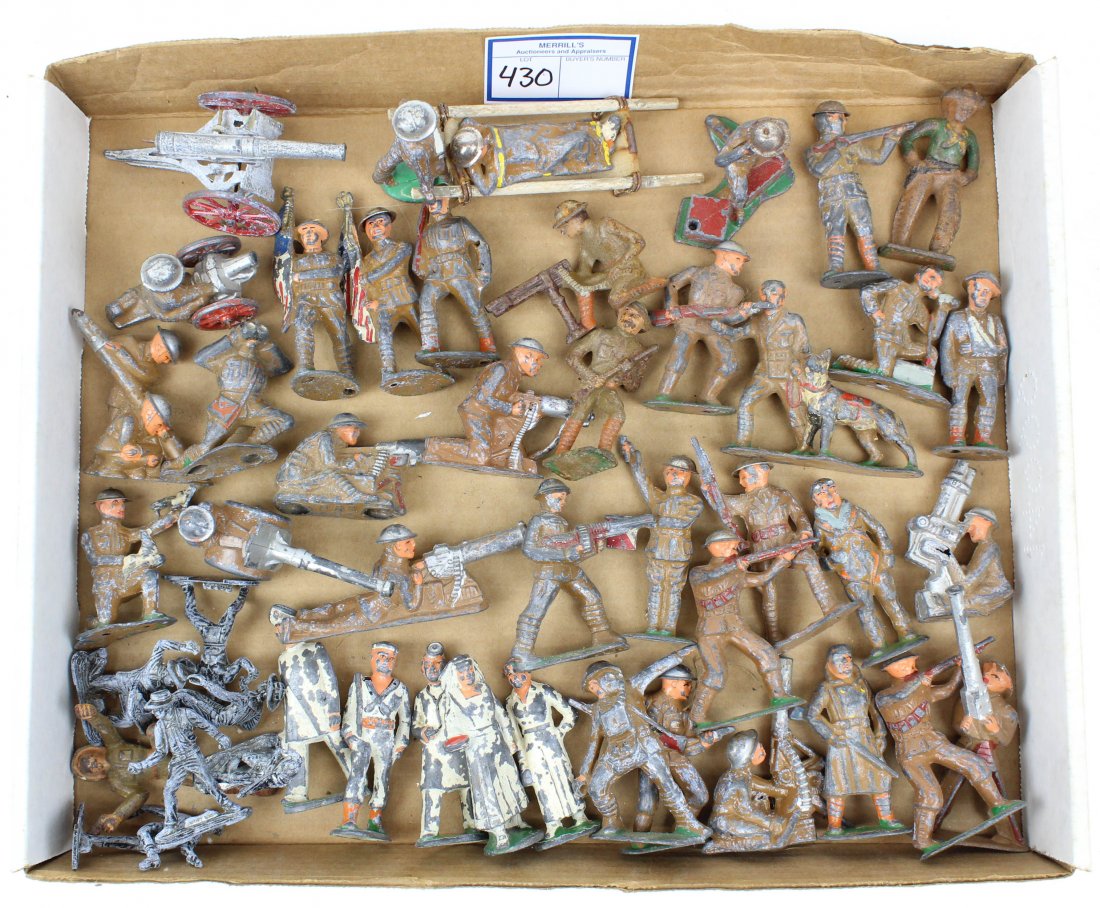 Barclay Manoil WWI Toy Soldiers: Barclay Manoil WWI cast metal toy soldiers (40 pcs), paint wear, six extra Cowboy & Indian pieces, hts mostly 2 3/8" to 3"