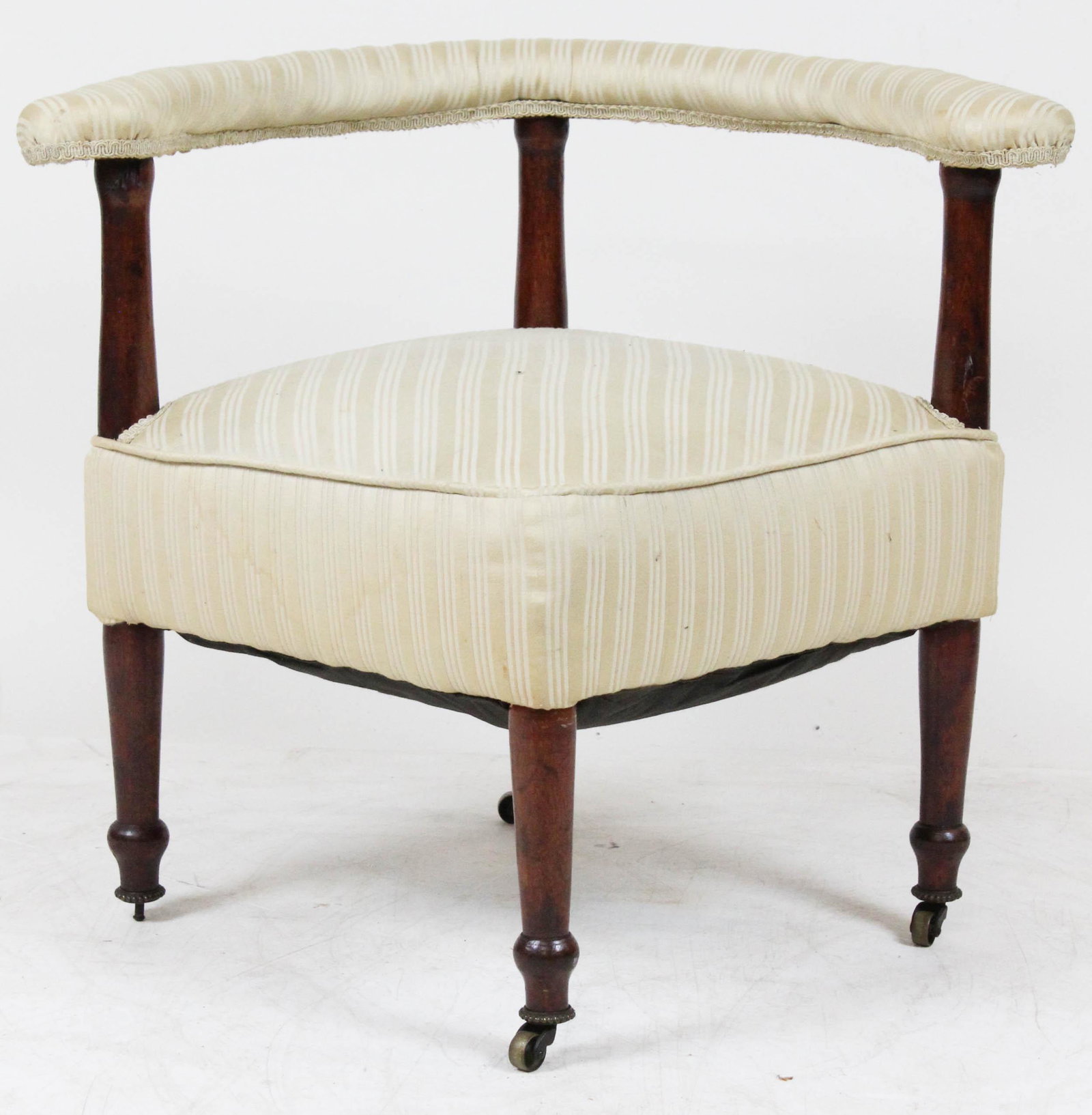 19th c Walnut Corner Chair: 19th c walnut corner chair. Four turned legs with gilt bead casts, upholstered back rail & seat. 29" w 16" seat height, 25 " back height.