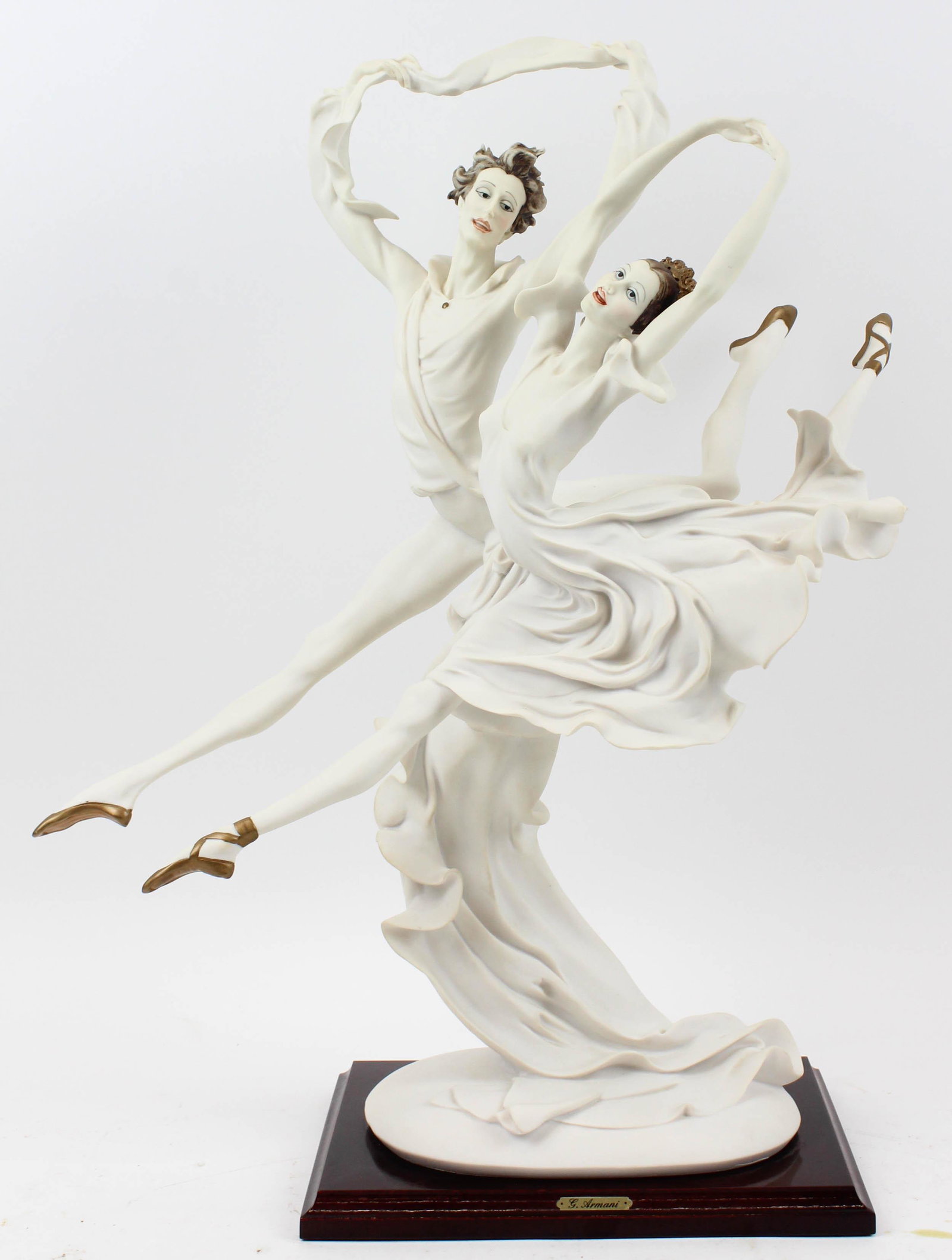 Giuseppe Armani Italian Ballerina Artisan Figures: Large scale Giuseppe Armani "Grand Jette" handpainted Italian artisan sculpture ballet dancer and ballerina figure group in pale tones, retired limited edition 22" x 16"