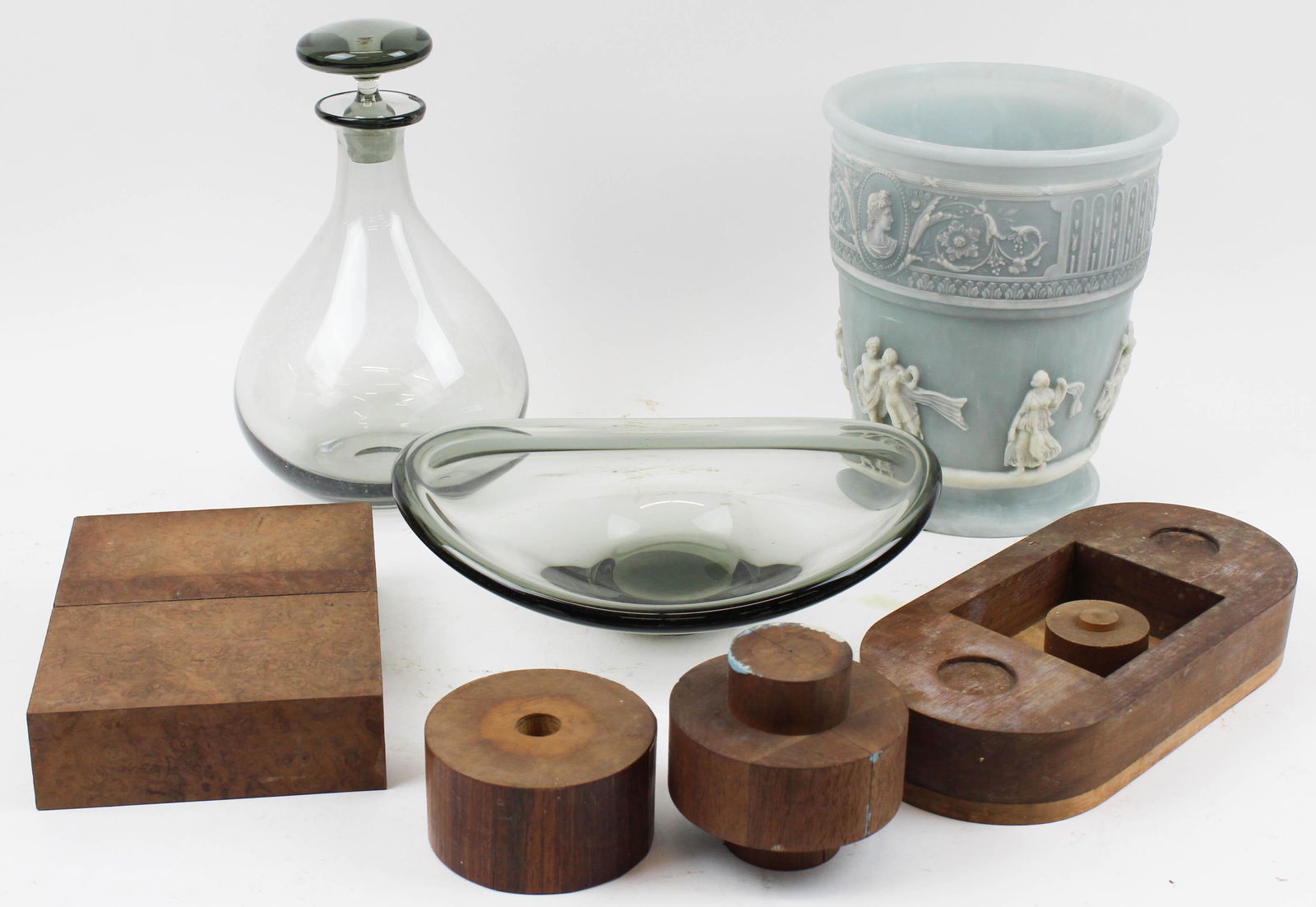 Andrew Szoeke Fragments, Mid Century Glass: Andrew Szoeke wood desk accessory fragments (one signed), Mid-Century blown smoked glass decanter and centerpiece bowl, possibly Blenko or Murano, Incolay Neoclassical relief decorated blue waste pail