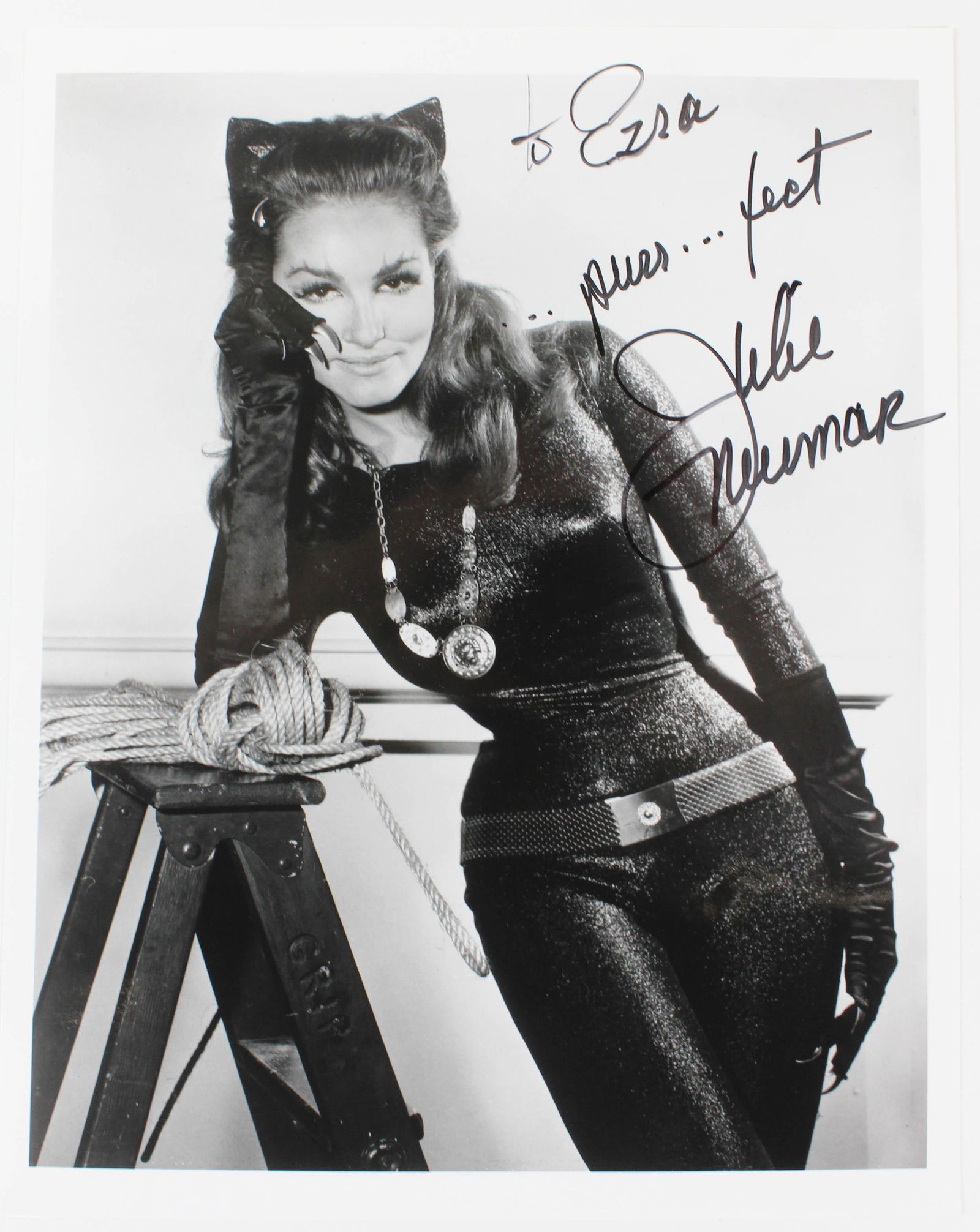 Julie Newmar Signed Batman Catwoman Photo: Julie Newmar inscribed autograph signed black & white photo portraying the Catwoman in the 1960's television series "Batman", 8" x 10'