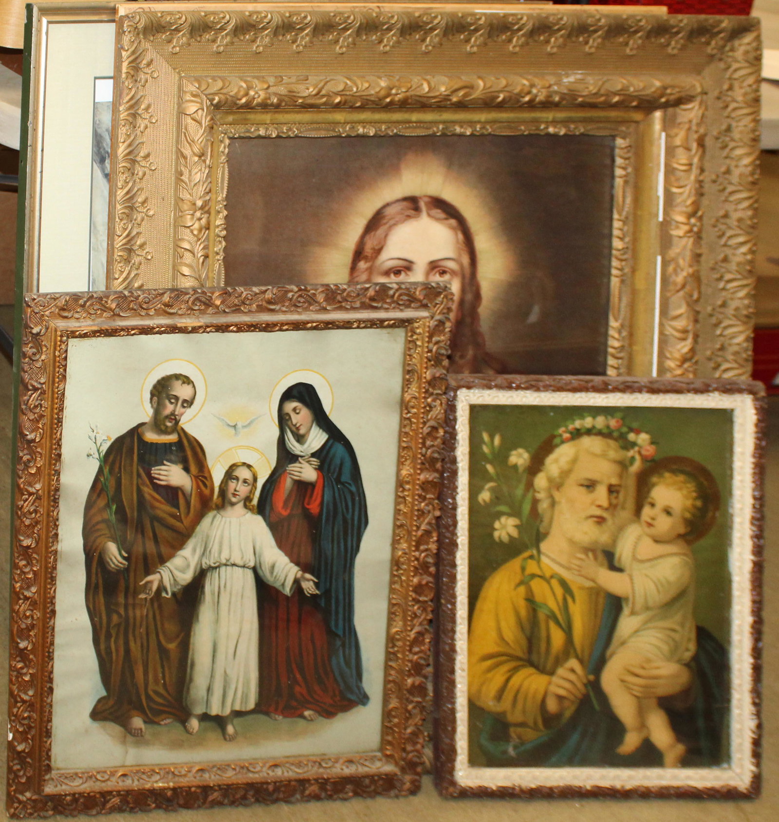 Three 19th and Early 20th c Religious Chromolithographs: Three 19th and early 20th c Religious chromolithographs including St. Joseph, The Holy Family, and Sacred Heart of Christ 24 x 20" to 12 x 16"