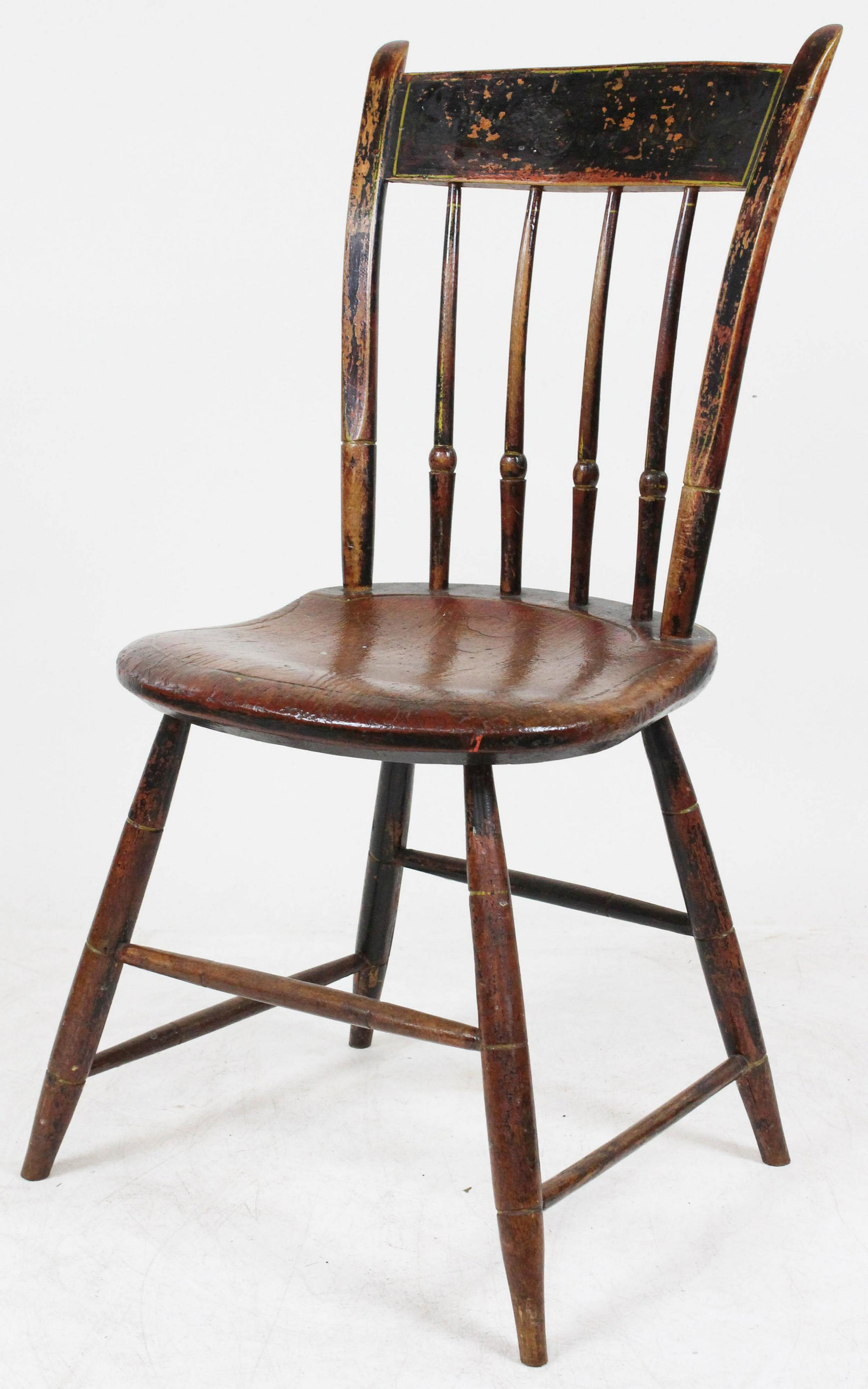 Paint Decorated Windsor Chair: Original paint decorated 19th c rabbit ear Windsor side chair. Simulated yellow line inlay. Worn surface. Good condition.