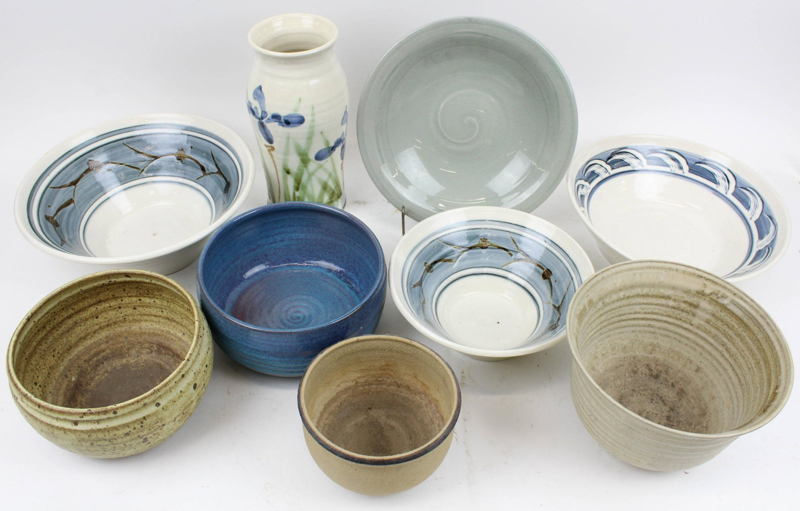 9 pcs. Studio Pottery Including Vermont Pieces: 9 pcs. Hand Thrown Studio Pottery Including Simon Pearce celadon glaze plate, 3 Frog Hollow bowls, Blue Hill Maine vase, etc. ht 2"-10"