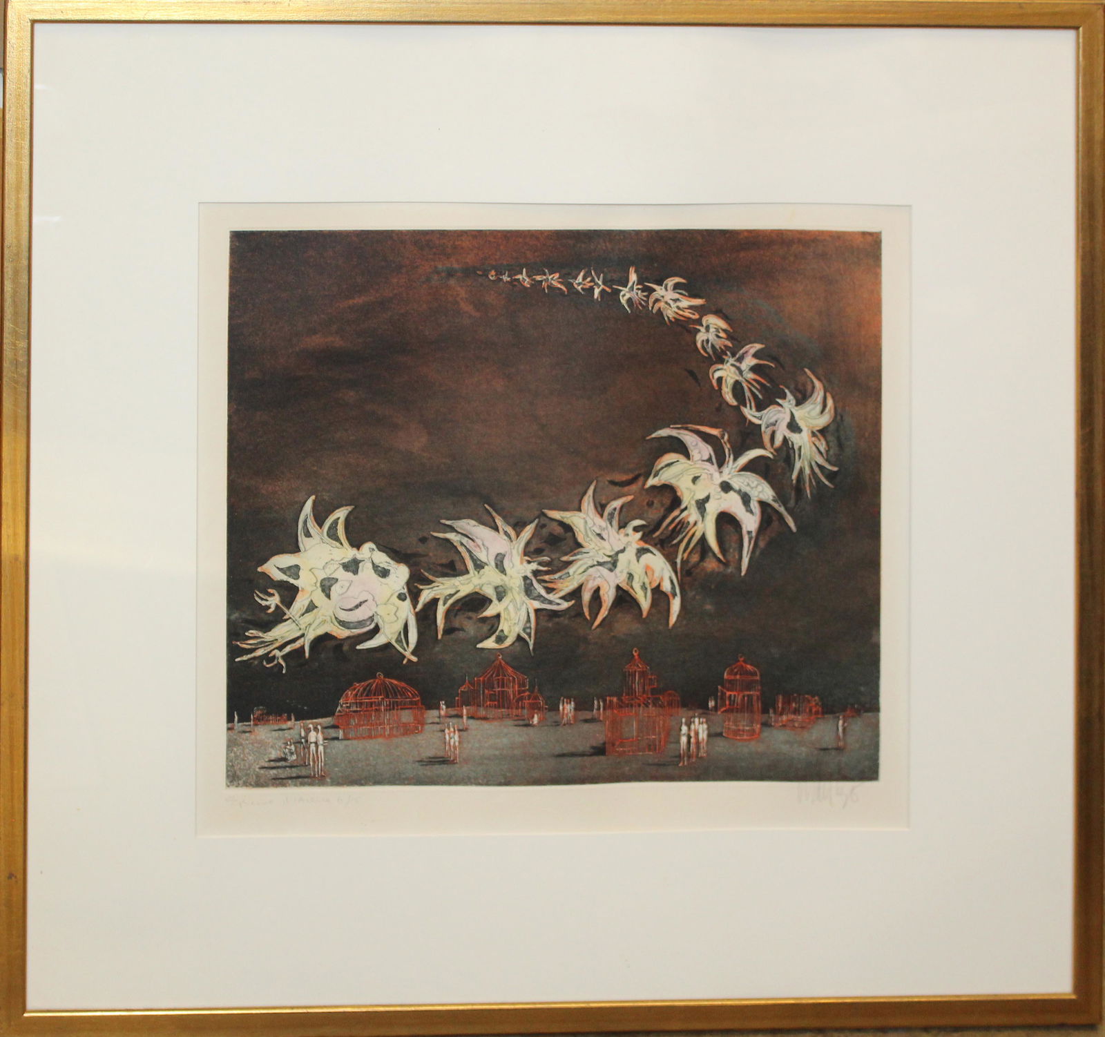 20th c Modernist Print: 20th c Mid Century Modern print signed by Lars Bo (Danish) Floral Aquatint on paper 14 x 16"