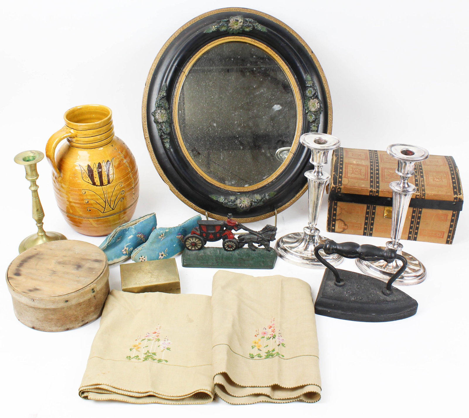 Lot of Mixed Country Smalls and Accessories: Lot of Mixed Country Smalls and Accessories including 19th c. litho paper covered doll trunk, Victorian oval frame mirror, wood pantry box, pair of Sheffield candlesticks, sad iron, Plimoth Plantation