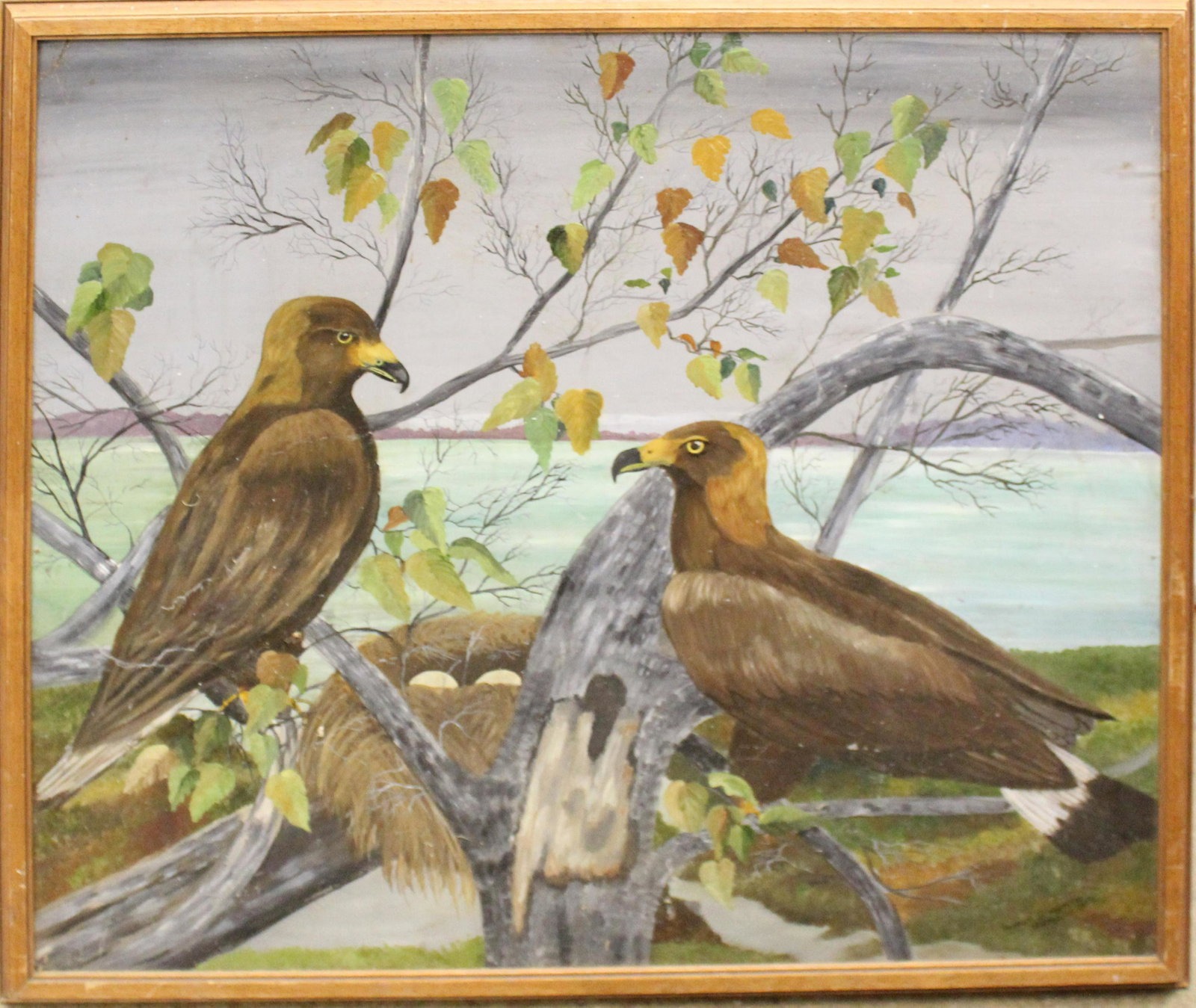 Mildred Slingerland Burgess (AM 20th c) Eagles Nesting: Mildred Slingland Burgess (American 20th c) dated 1954 Two Eagles Nesting on Lake Champlain,VT 1954 on reverse 28 x 24"
