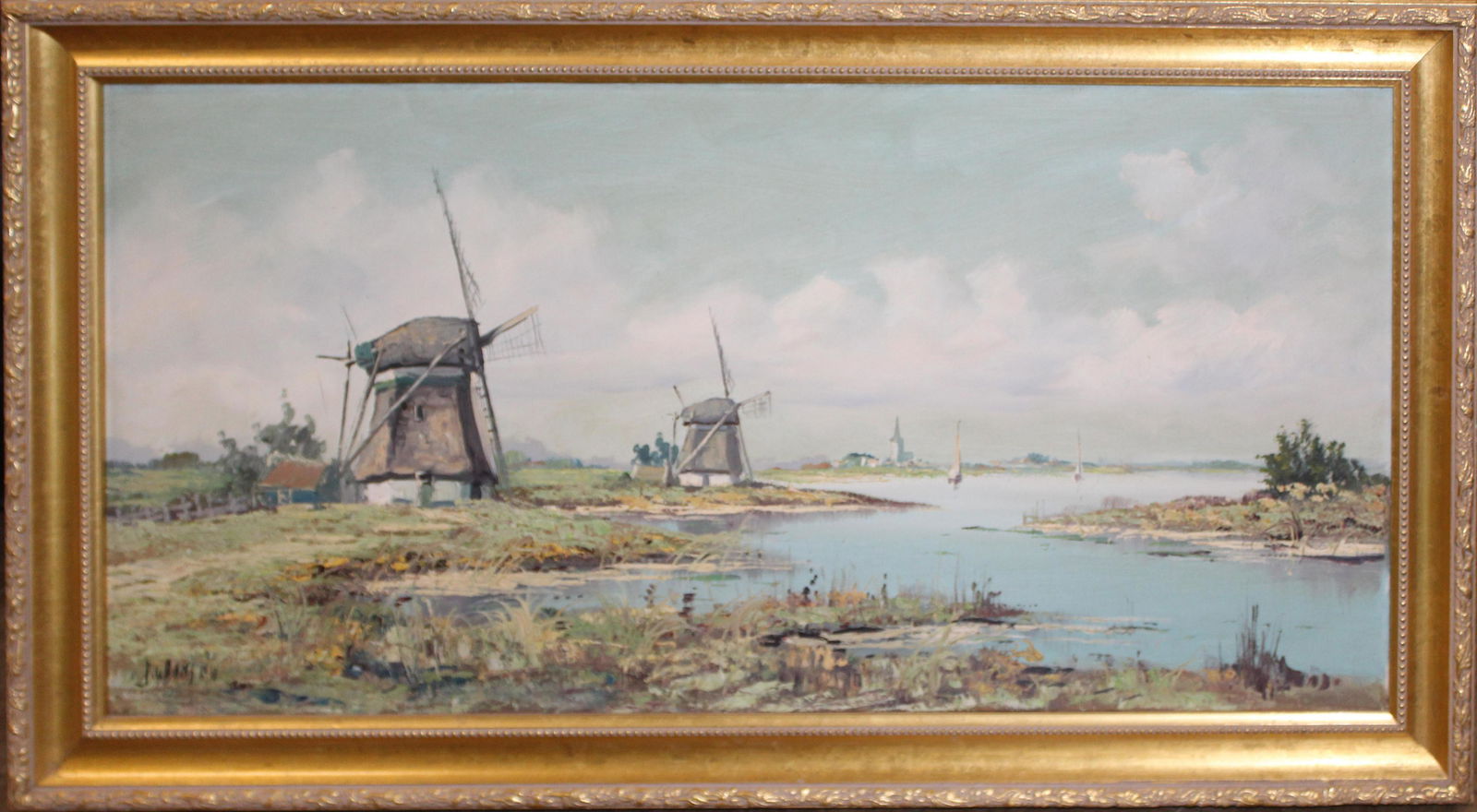 Mid 20th c Dutch School Landscape with Windmills: Mid 20th C Dutch School oil on canvas landscape with windmills signed illegibly 16 x 31"
