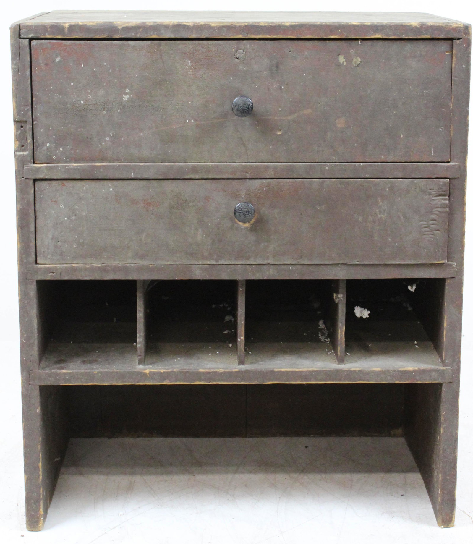Primitive 19th c Cabinet: Mid 19th c primitive cabinet with 2 drawers over 4 pigeon holes in original red brown paint. 24" w x 28" h x 14"d