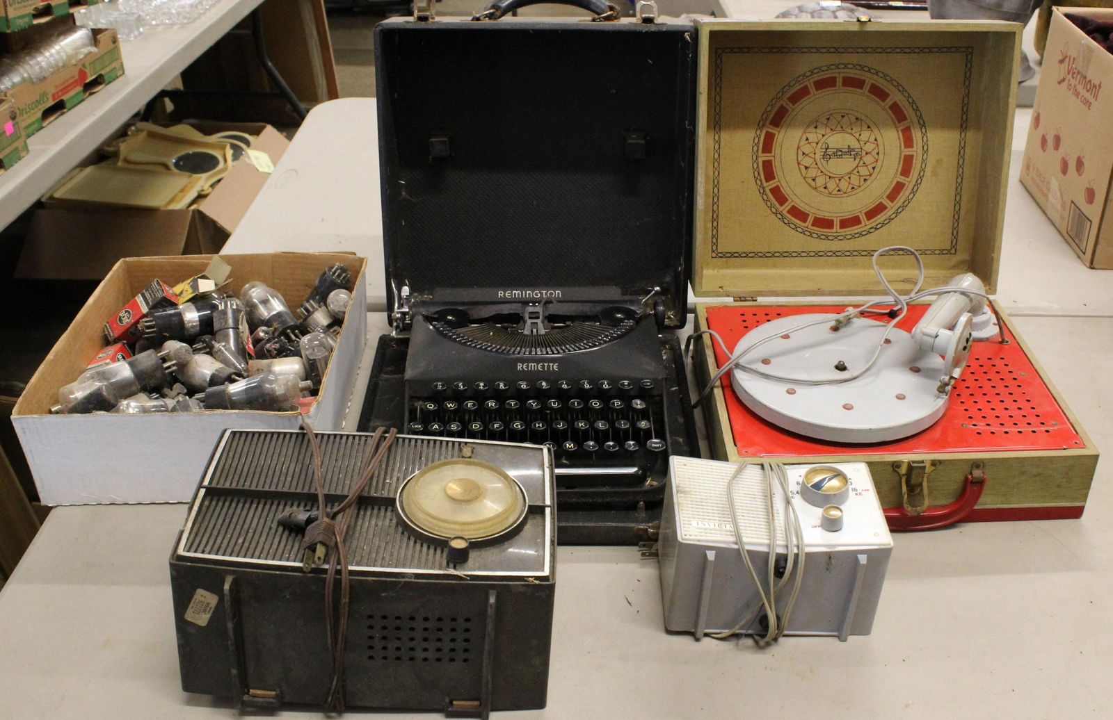 Vintage Radios, Tubes, Typewriter, Record Player: Lot of Vintage Radios, assorted vacuum tubes, portable Remington typewriter, 1950's 78 RPM Record Player phonograph