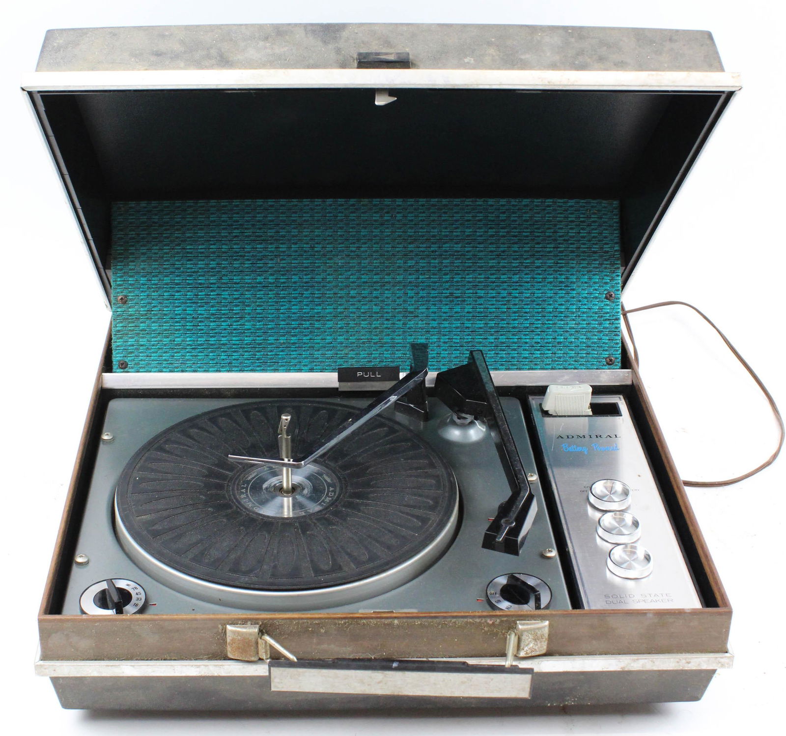Admiral Portable Phonograph Record Player: Admiral late 1960's Portable Suitcase Phonograph Record Player with stylish teal tweed speaker, working but tonearm needs lubrication 7" x 18" x 17"