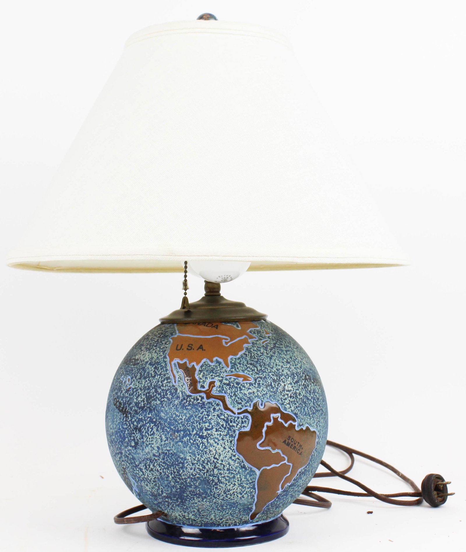Amphora Pottery 1920's Globe Form Table Lamp: Amphora Czechoslovakia 1920's globe form base art pottery table lamp with mottled blue, gray and purple glazes, incised pattern of continents of the world, with-small hairline check near collar 20" x 