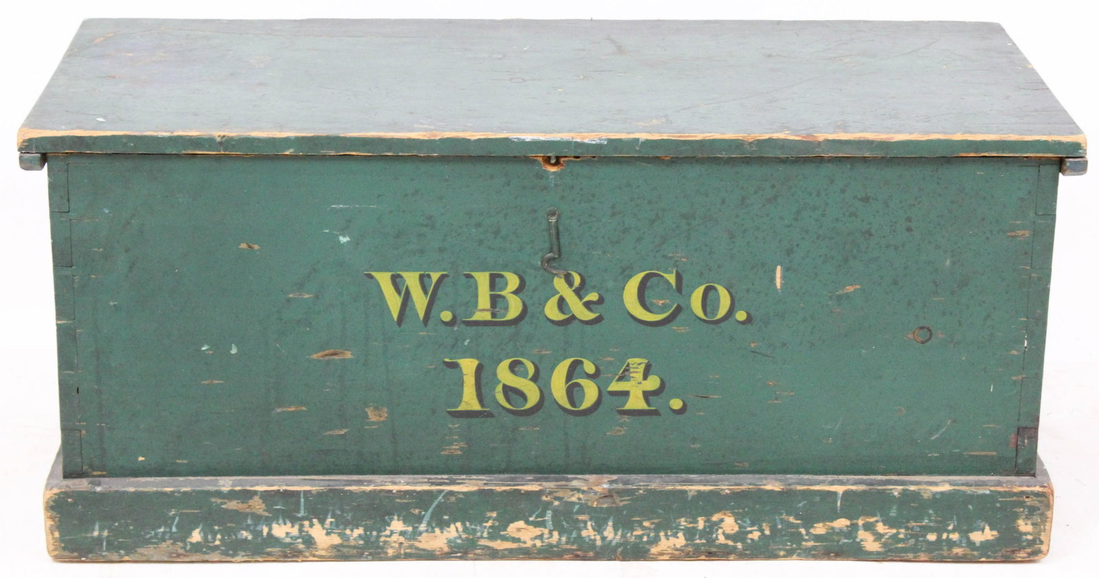 Decorated 1864 Storage Chest: Original painted lift top storage or blanket chest. Green paint with front shadowed letters "W.B & Co. 1864.". Very good condition. 34" l x 15" h x 15" h.