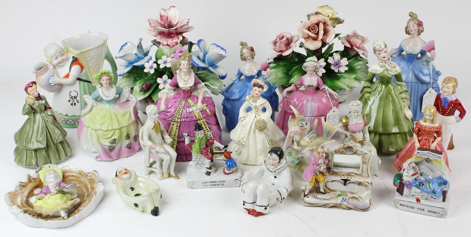 Collection of Porcelain Statuary Incl. Capodimonte: Collection of Porcelain Statuary including 2 Capodimonte Italian ceramic modeled floral groups, unusual Schaefer and Vater Rudolstadt figural creamer of chambermaid, 3 Madame Pompadour Dresser Dame la