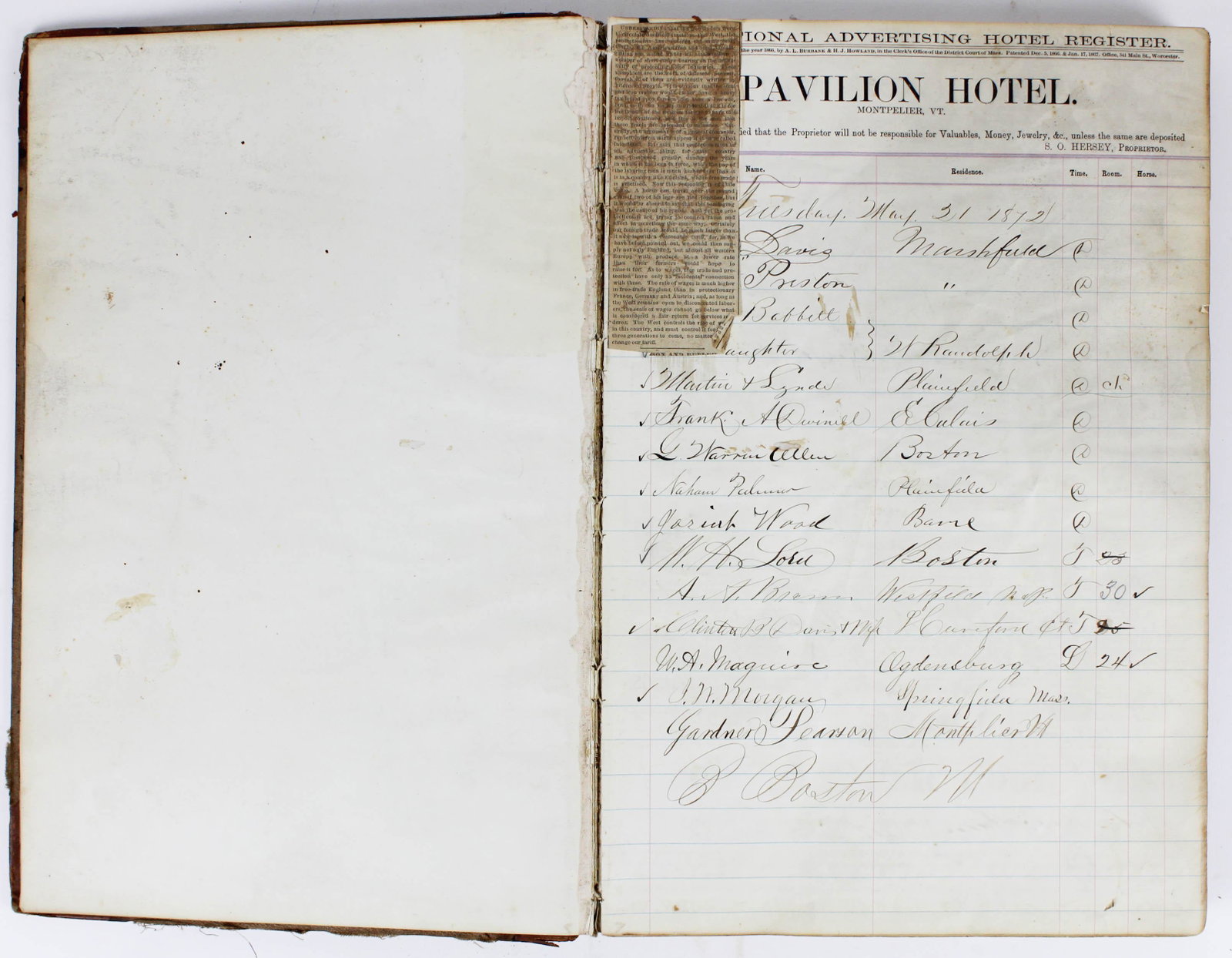 1872 Pavilion Hotel, Montpelier, VT Ledger: 1872 Pavillion Hotel, Montpelier, VT ledger, with advertising on every other page, 16" x 10 1/2"