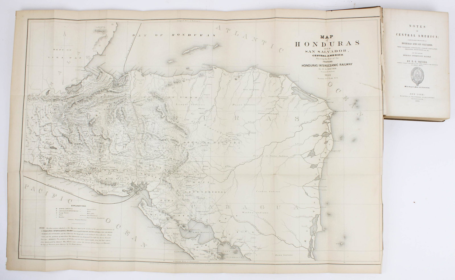 1855 Squier Notes on Central America: 1855 E G Squier "Notes on Central America", Harper & Bros, New York, 5 fold out maps, tinted plates, frontis map detached & loose, embossed cloth, a bit rough, 8vo