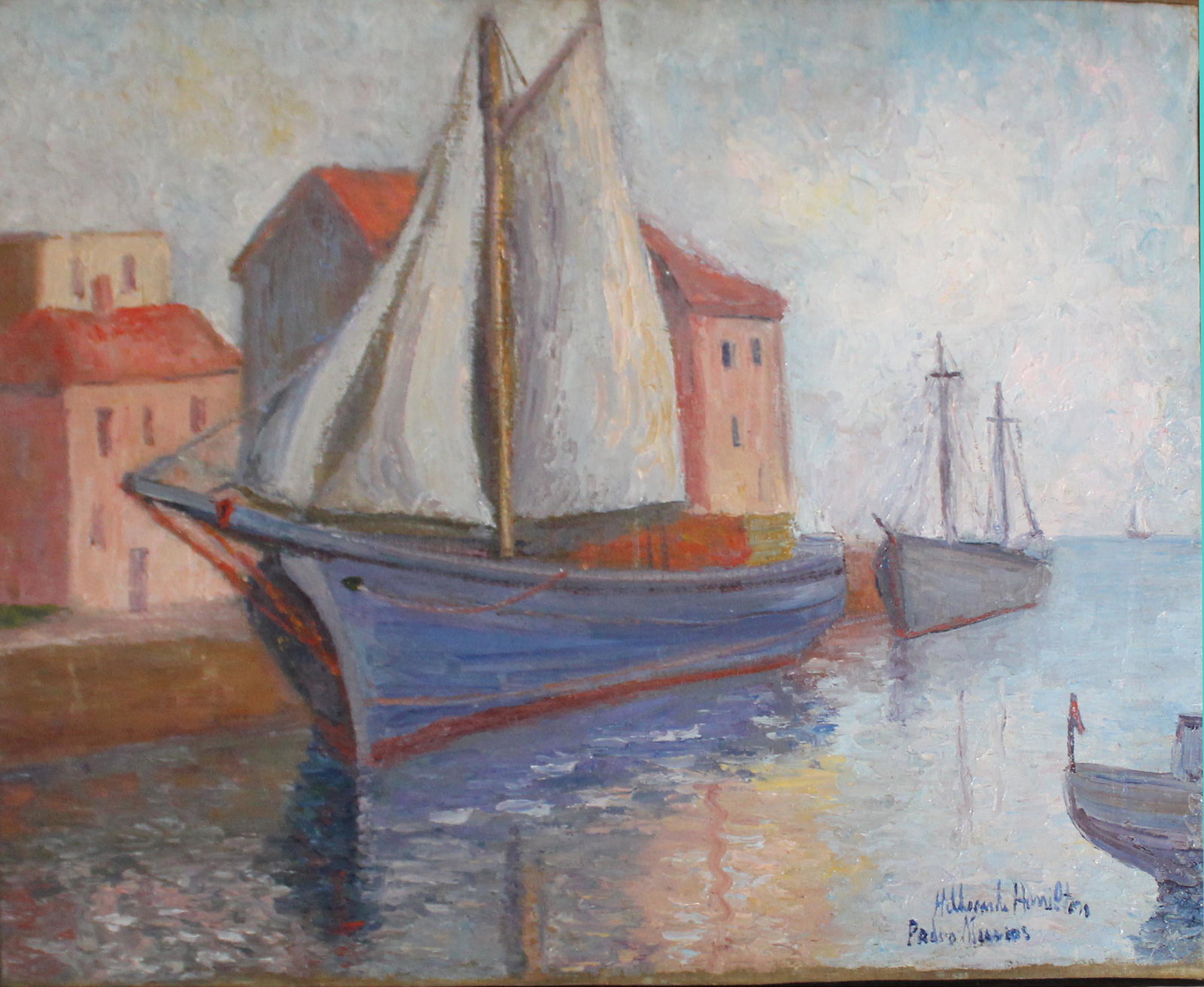 Hildegard Hamilton (AM 1898-1970): Hildegard Hamilton (American 1898-1970) Pedro Meiras?sp? Oil on canvas of sail boats 20 x 24"