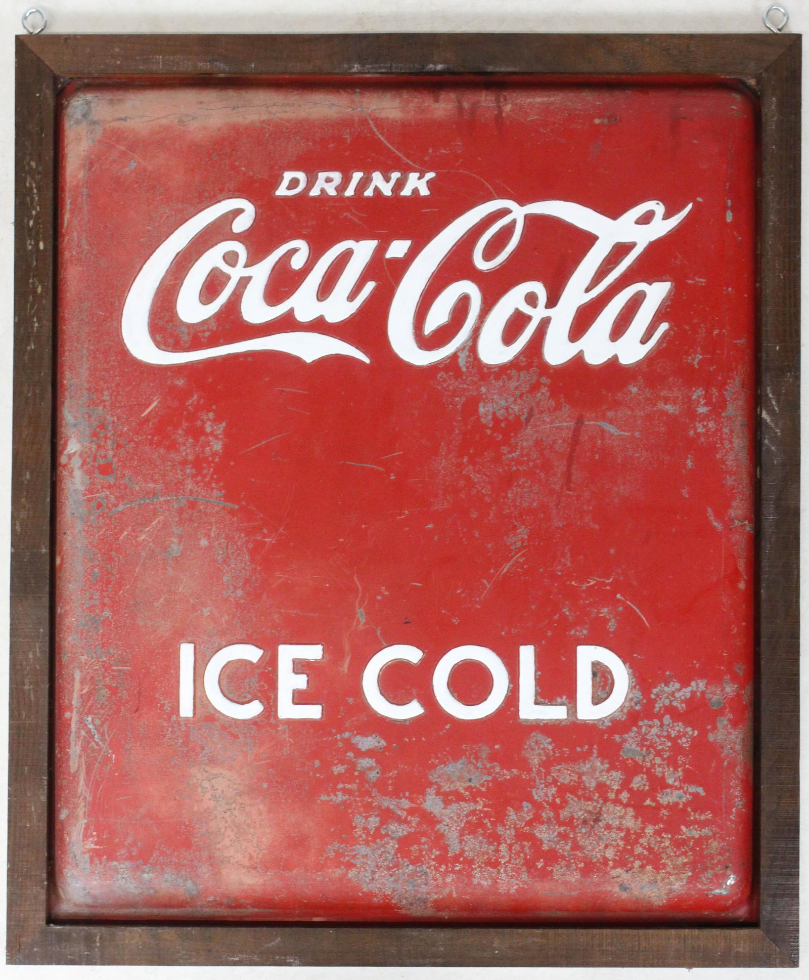 Framed 1940's Coca Cola Cooler Lid: Framed 1940's Coca Cola cooler lid, white paint repainted, 32" x 26 1/2"