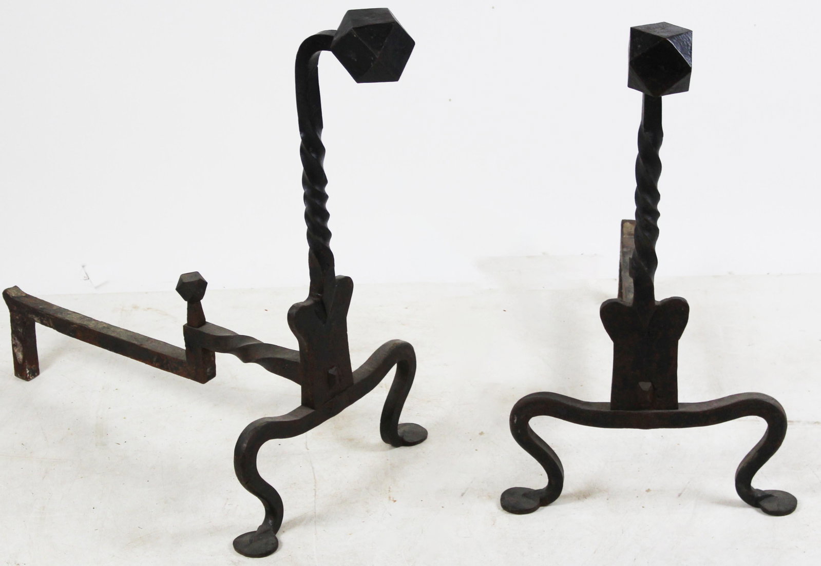 Pair of Heavy Wrought Iron Andirons: Pair of Arts and Crafts Style Andirons 30" high in excellent overall shape.