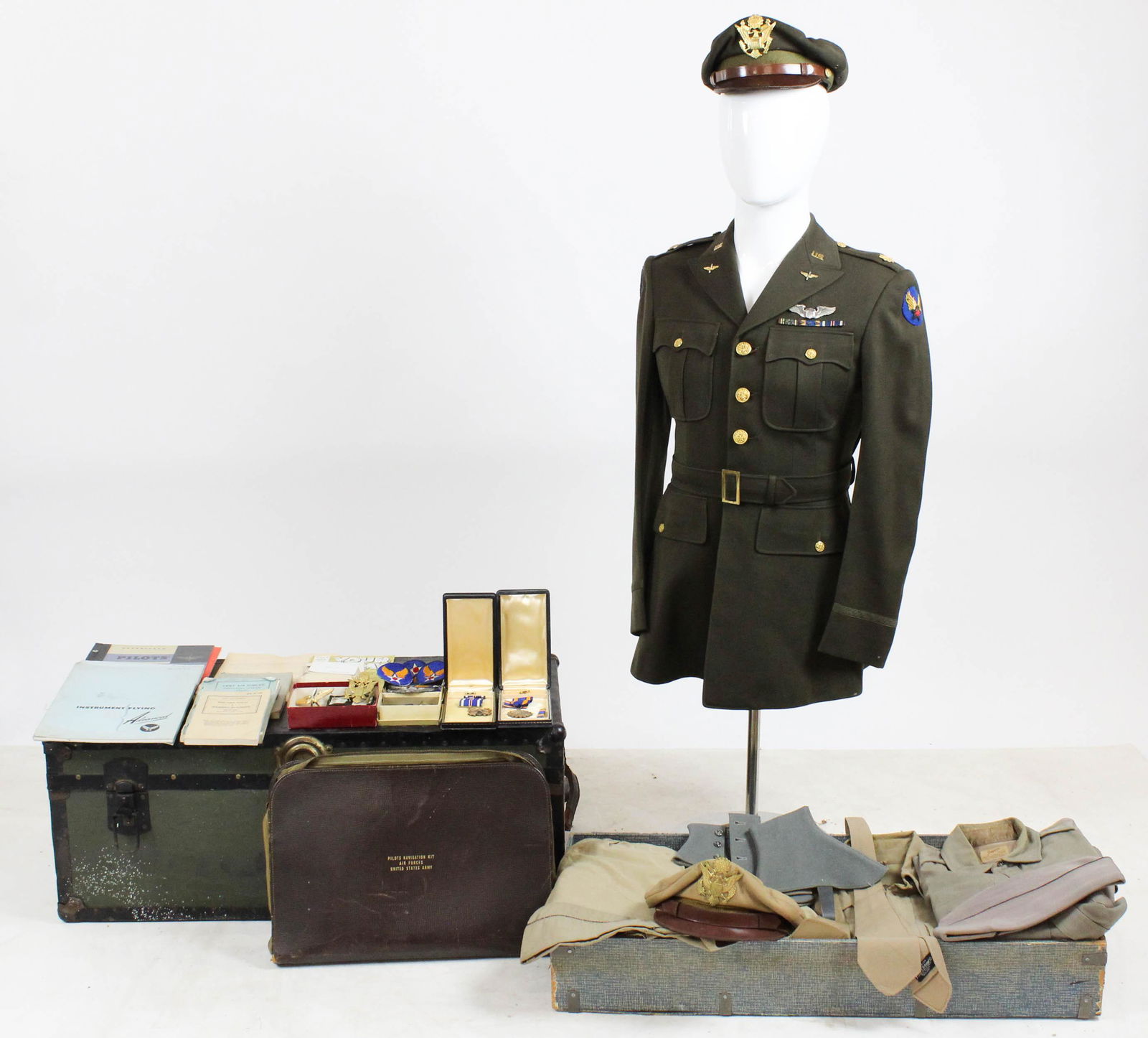 WWII Army Air Force Airman: WWII US Army Air Force archive from Lt. Ethan A. Allen, including dress uniform tunic, bullion insignia, two crusher caps, medals including Air Medal and Distinguished Flying Cross, etc.