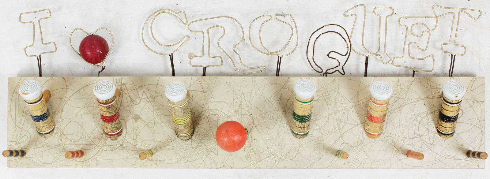 Whimsical "I <3 Croquet" Coat Rack: Whimsical upcycled "I <3 Croquet" Coat Rack with bent wire and croquet mallets. 16 x 48"