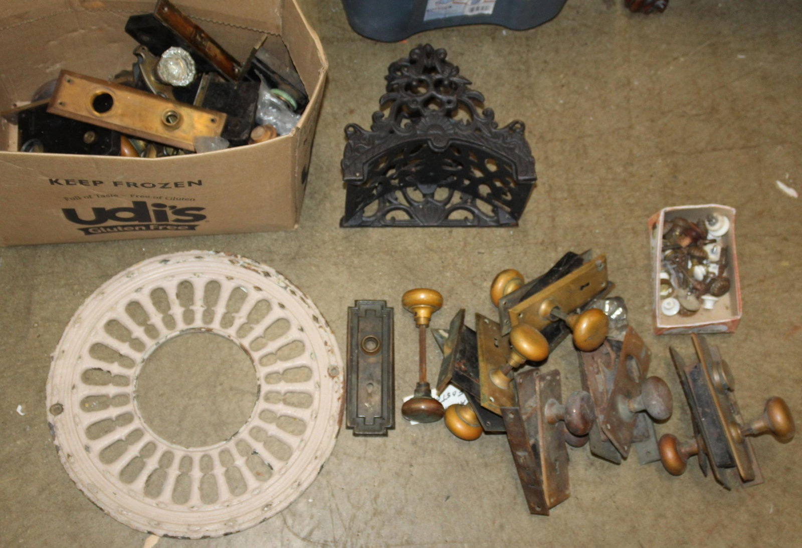 Lot of Misc Architectural Salvage,: Lot including Iron Tools, Grate covers, Doorknobs, Figural hose holder etc.