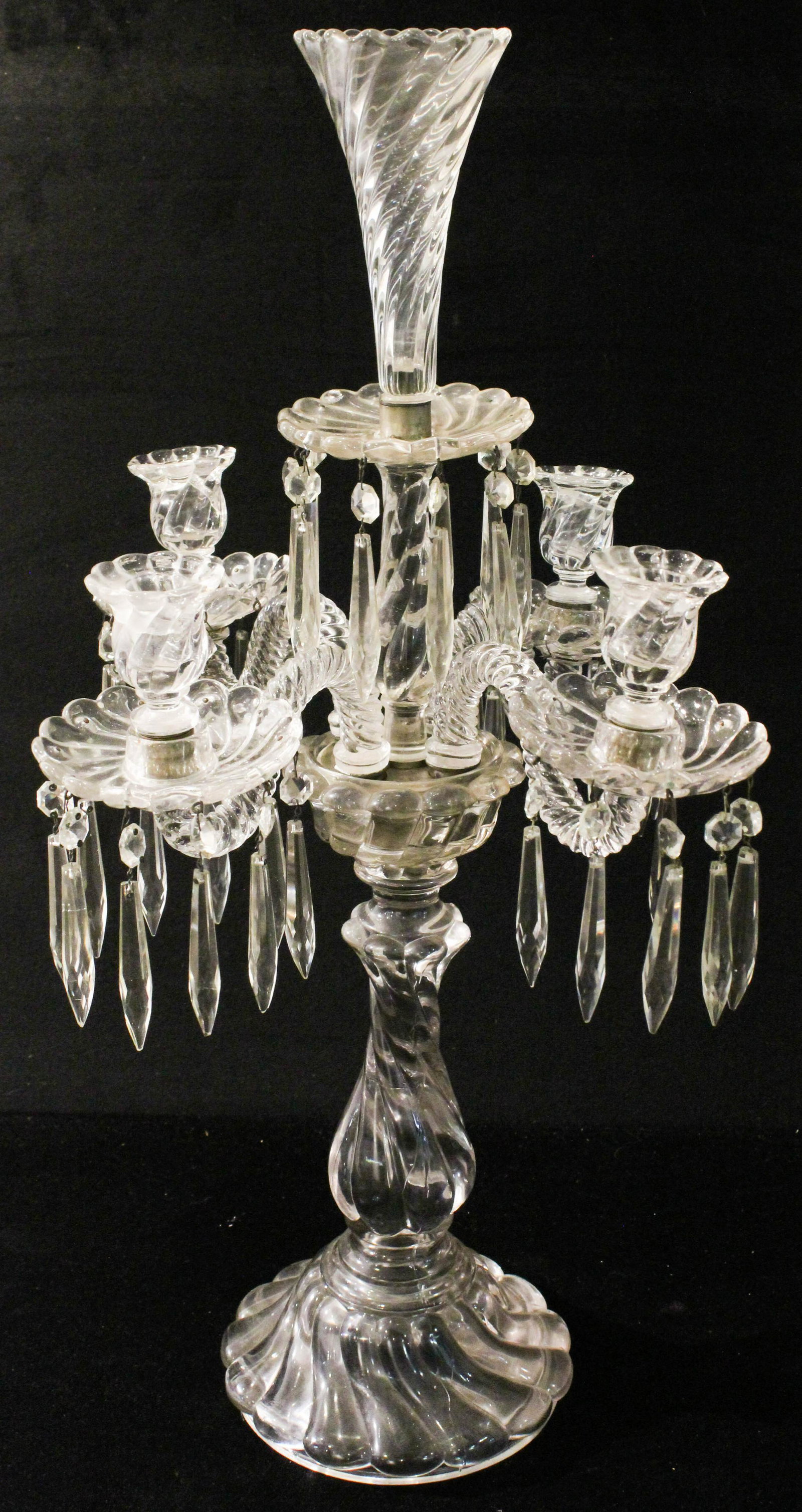 Fostoria Colony 4 Arm Prizmed Candelabra: Monumental early 20th c. Fostoria Colony swirled crystal art glass 4 arm candelabra with epergne insert and cut faceted drop prizms 26.5" x 11.5"-one bobeche repaired, heat check in candleholder
