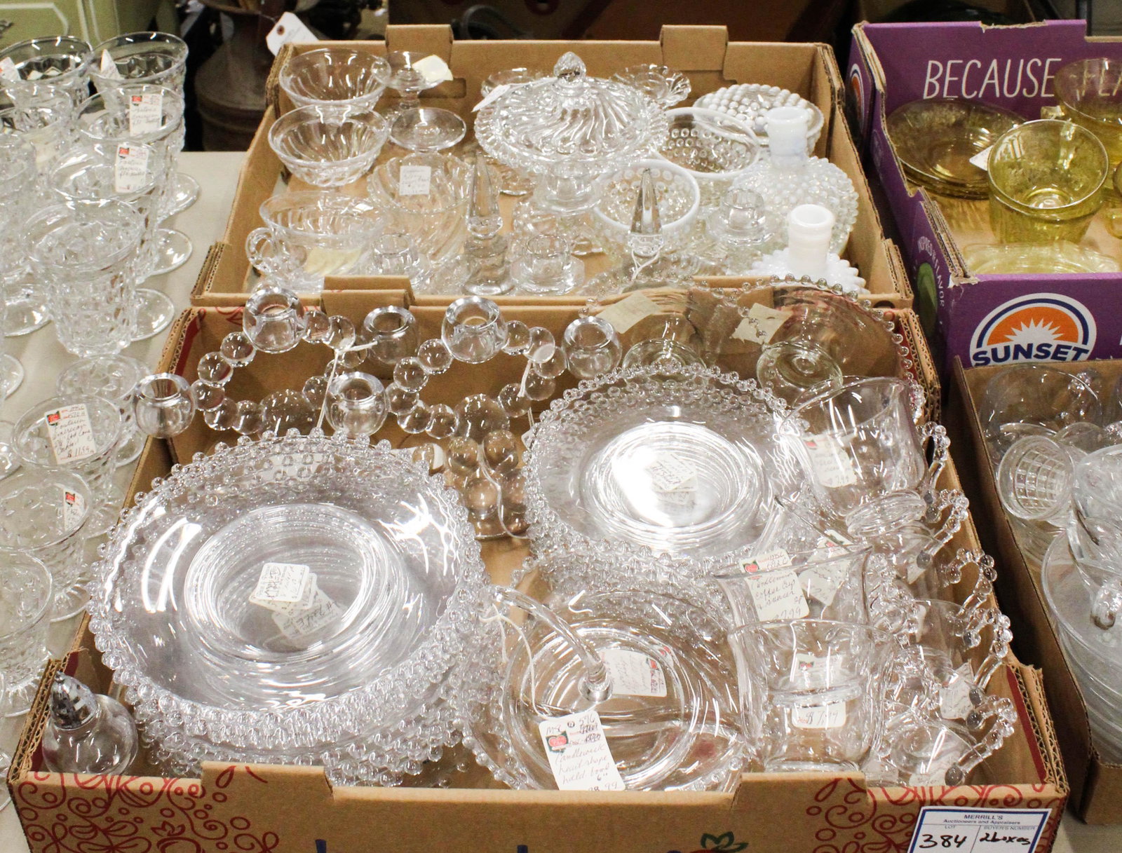 Fostoria Colony, Candlewick and Hobnail Glass: Lot of Elegant Depression Era Glassware including Fostoria Colony, Candlewick, and Hobnail opalescent glass, candleholders and serving pieces, tableware approx. 62 pcs.